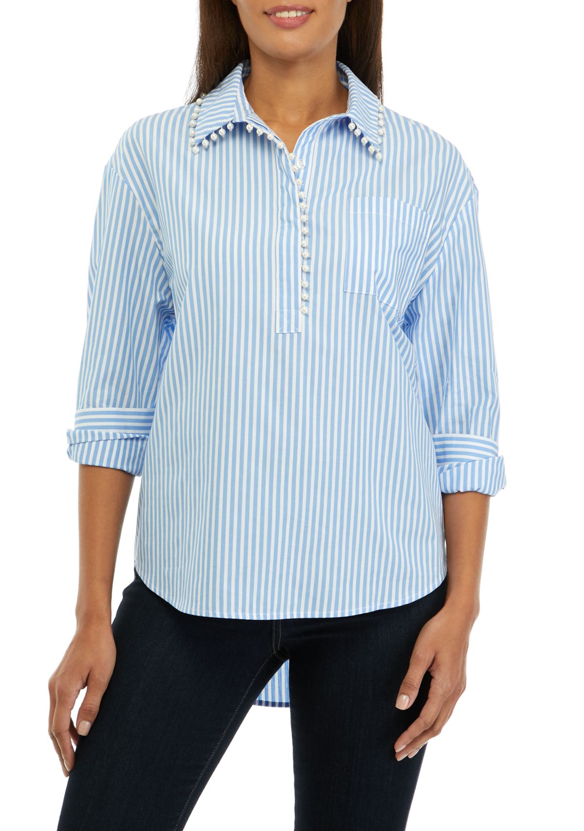 Womens Pearl Trim Popover Woven Top