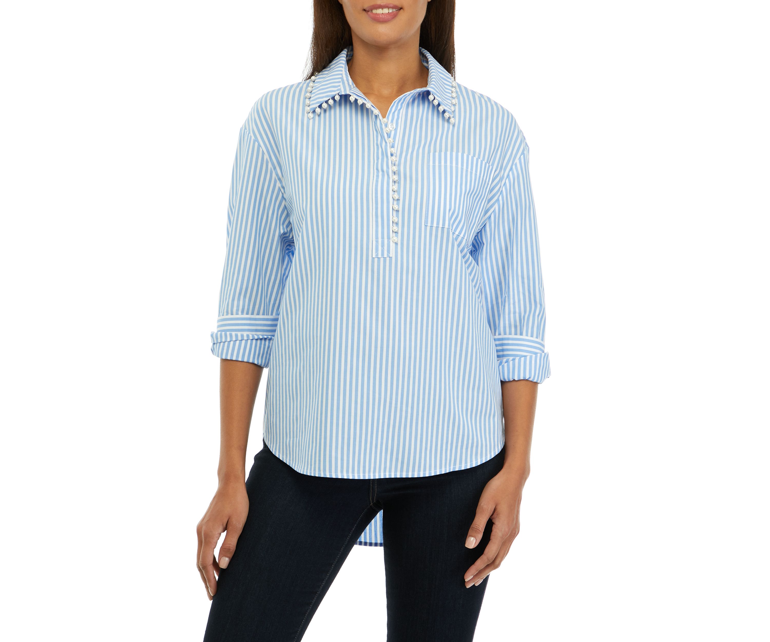 Womens Pearl Trim Popover Woven Top