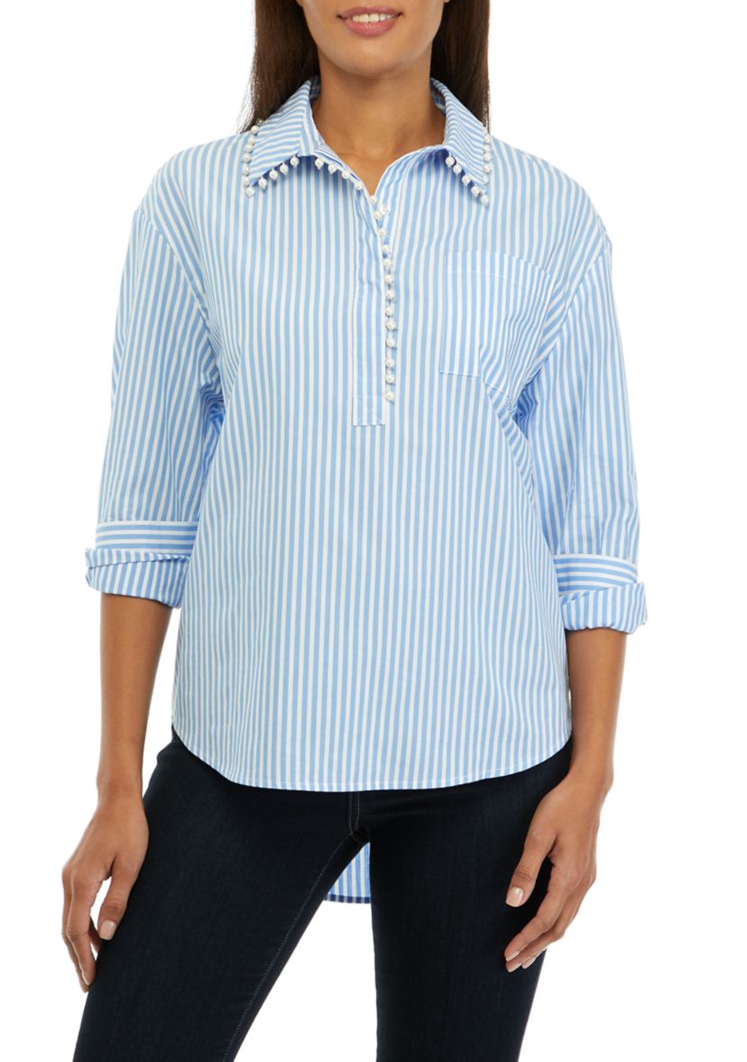 Womens Pearl Trim Popover Woven Top