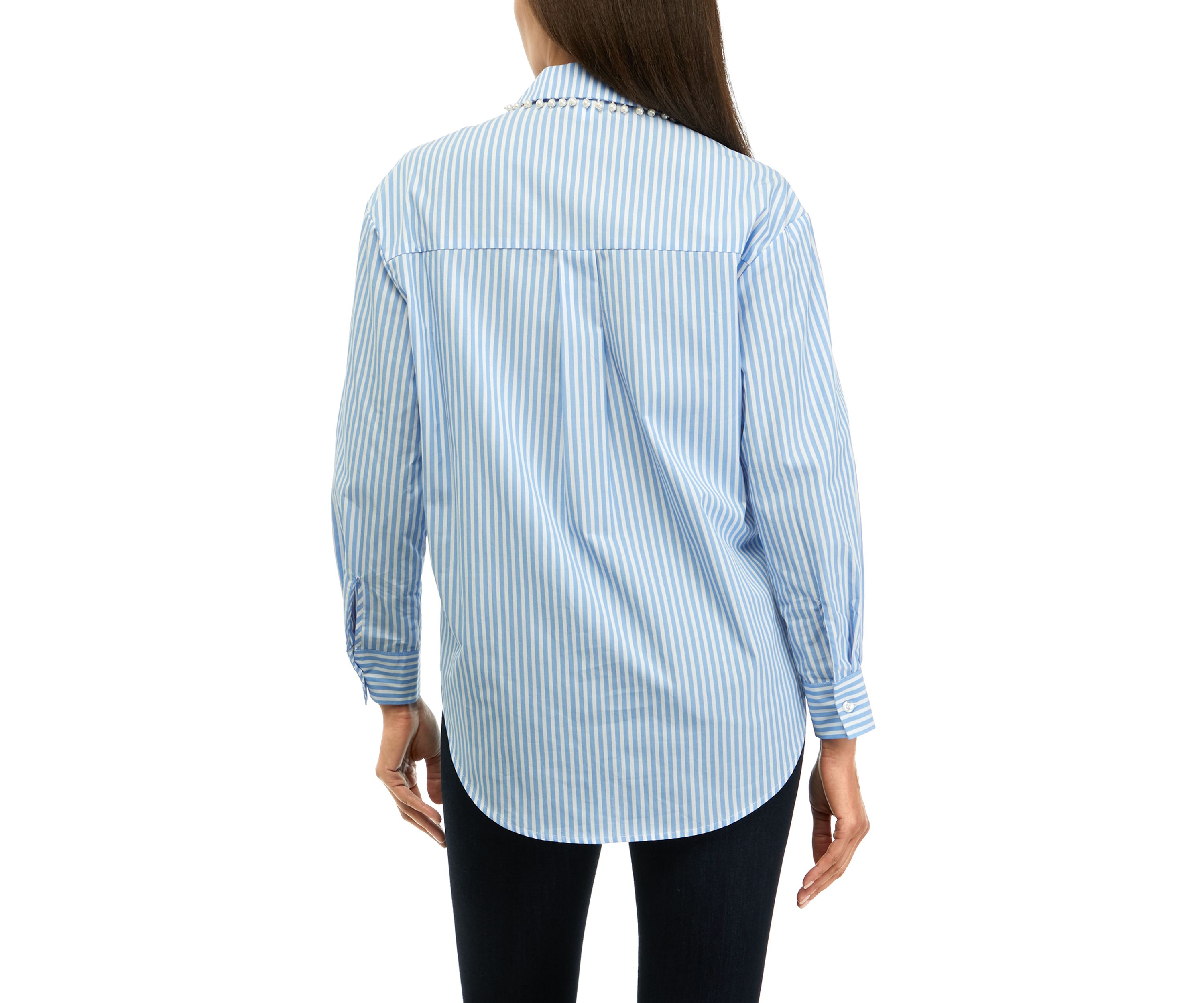 Womens Pearl Trim Popover Woven Top