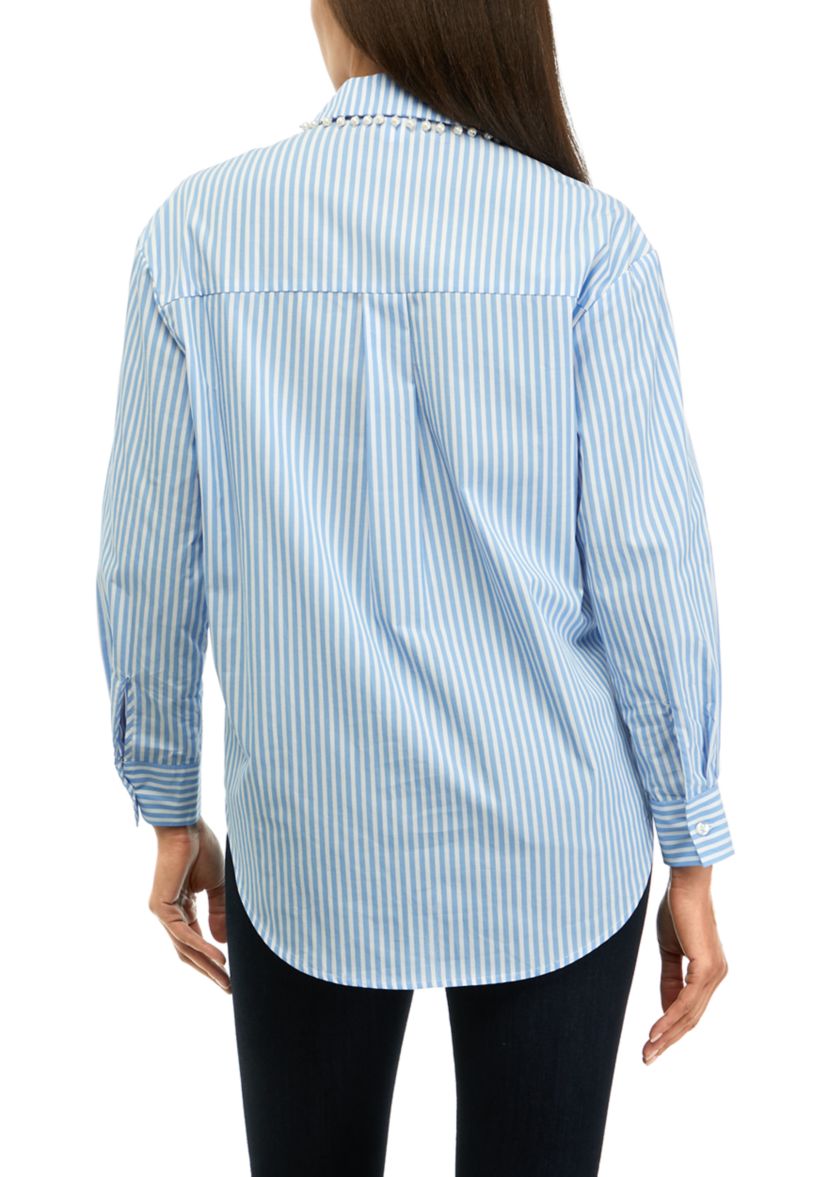 Womens Pearl Trim Popover Woven Top