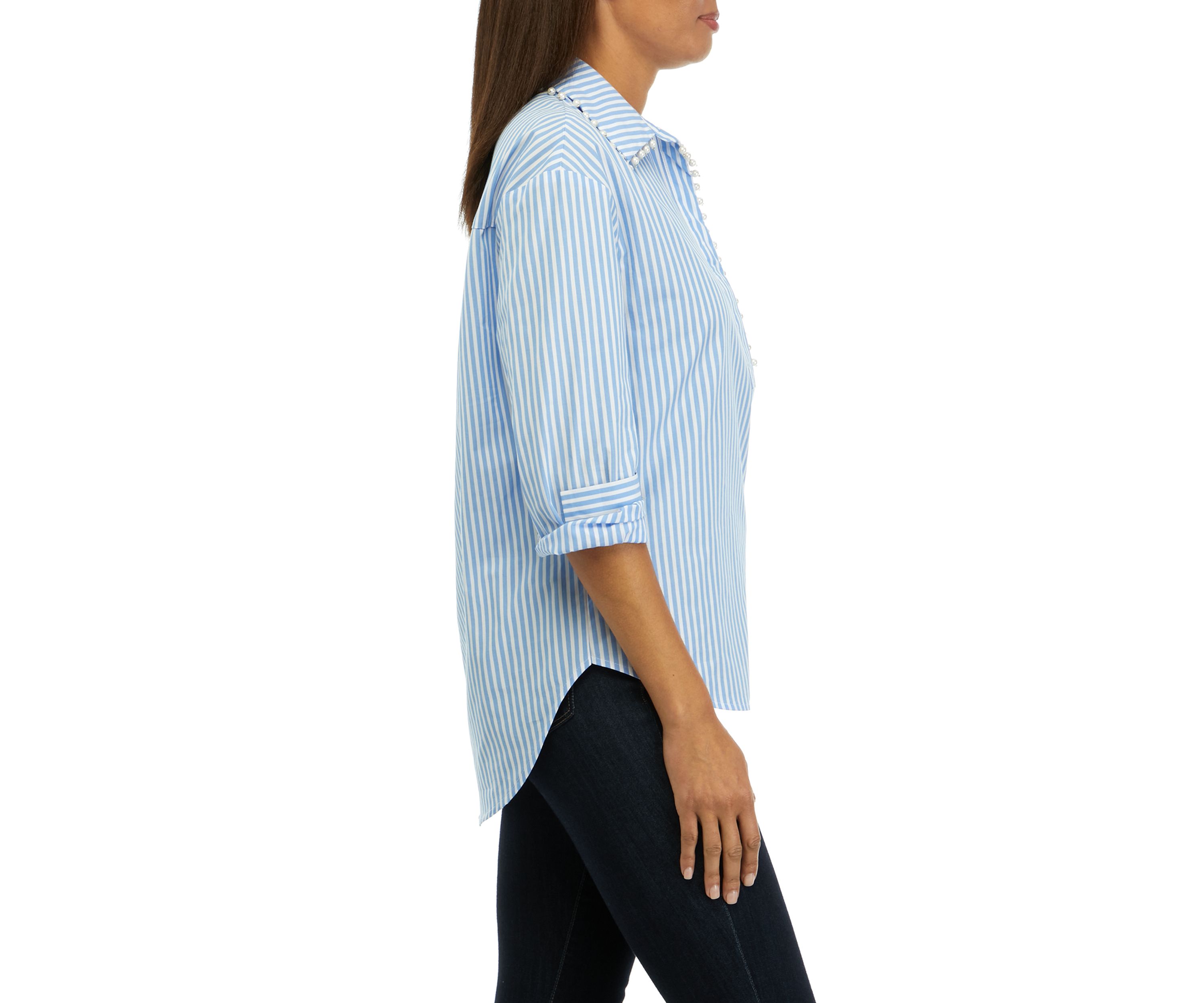 Womens Pearl Trim Popover Woven Top