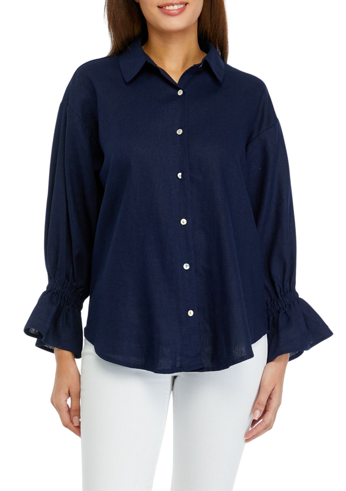 Womens Button Front Bell Sleeve Top 