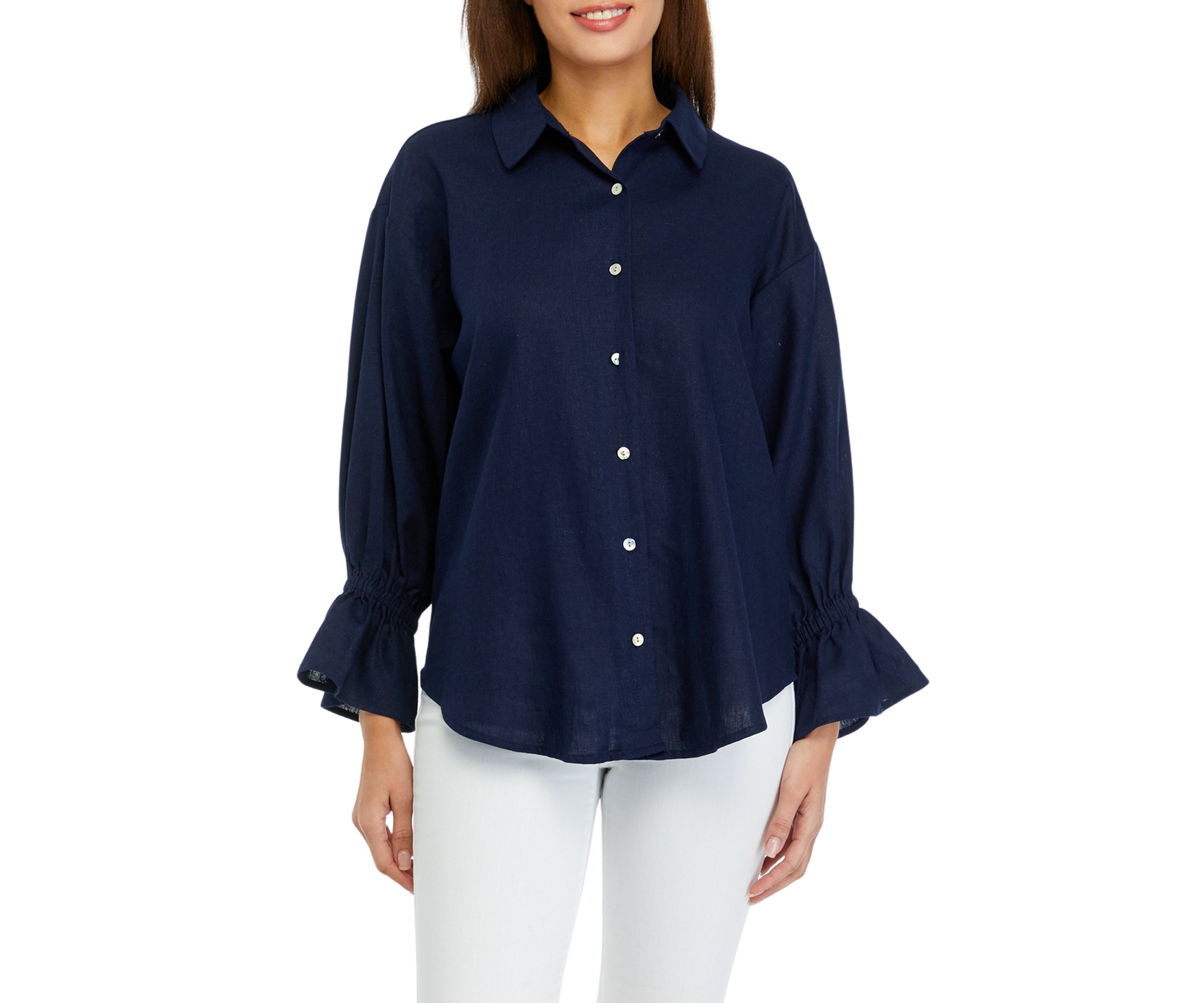 Womens Button Front Bell Sleeve Top 