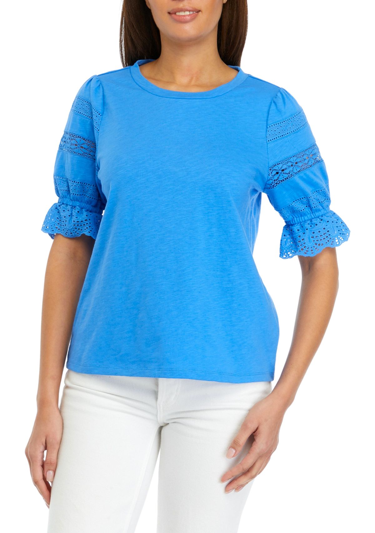 Womens Crochet Inset Knit Sleeve Top