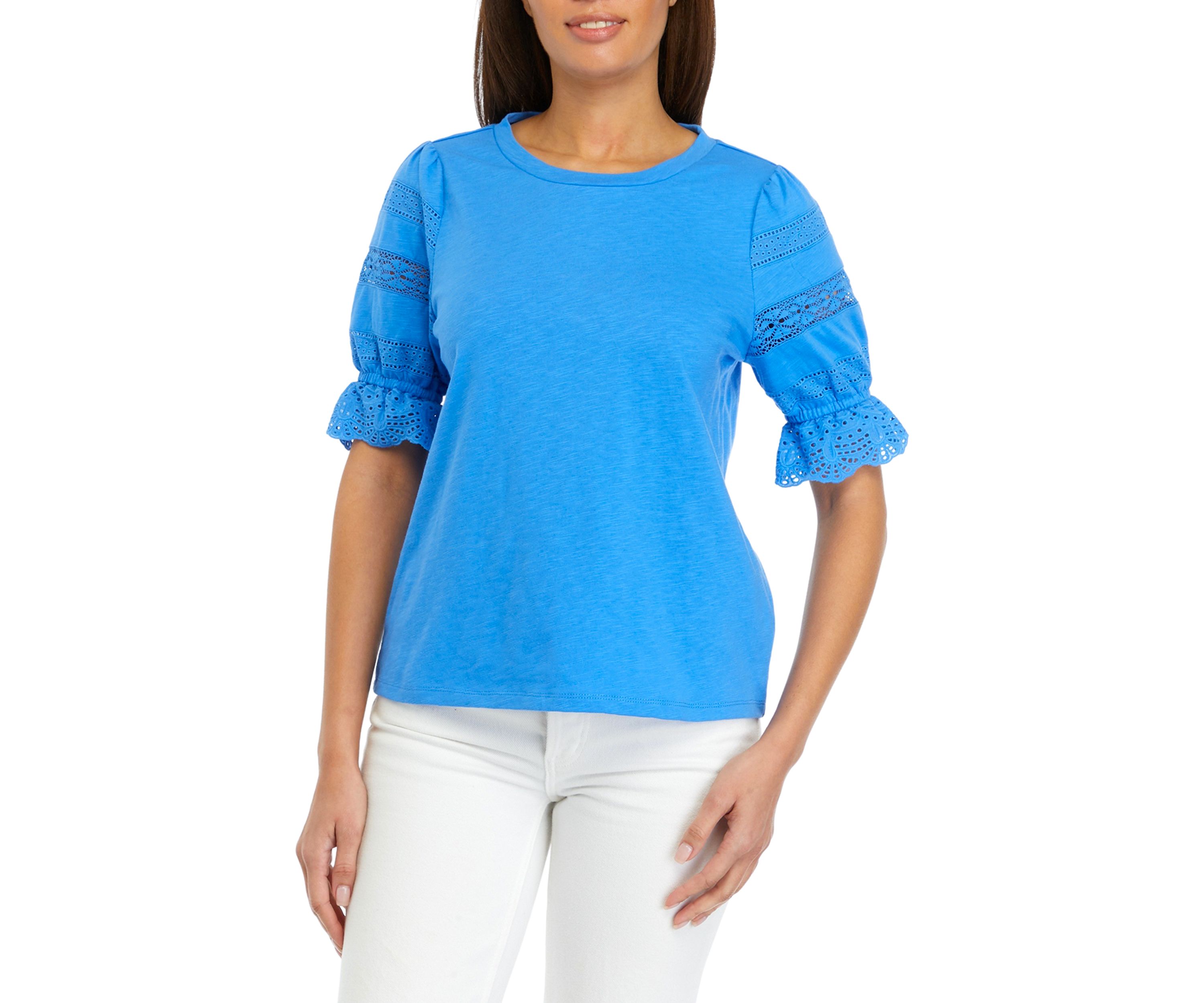 Womens Crochet Inset Knit Sleeve Top
