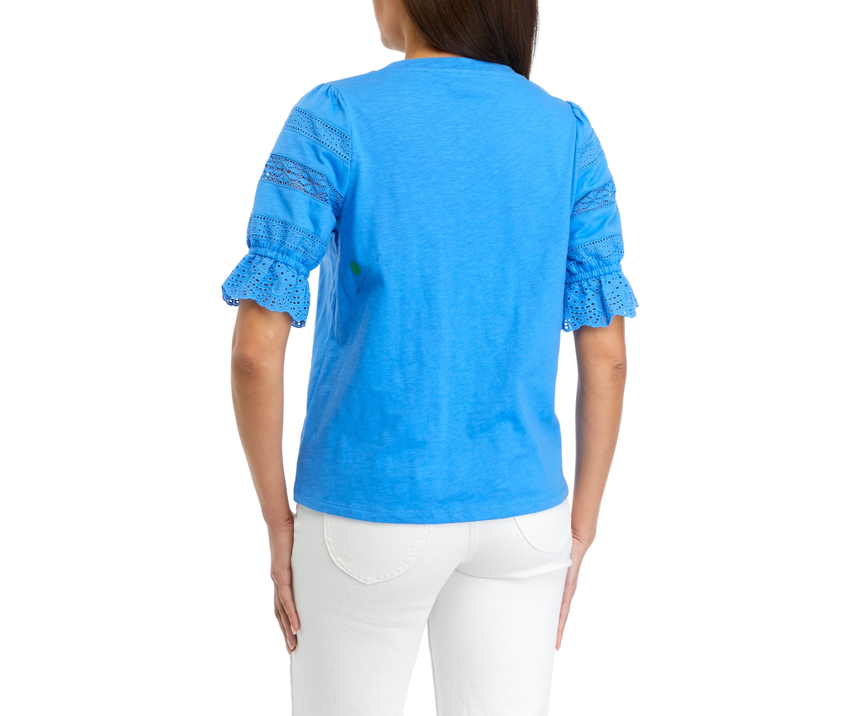 Womens Crochet Inset Knit Sleeve Top