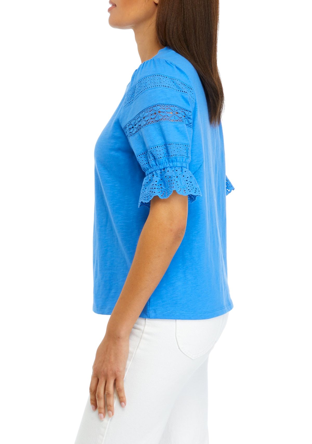 Womens Crochet Inset Knit Sleeve Top