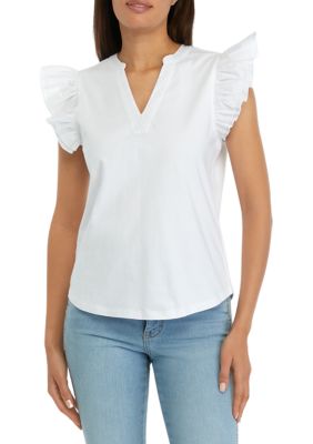 Crown & Ivy Women's V-Neck Flutter Sleeve Knit Top, White, XXL -  0889648887965