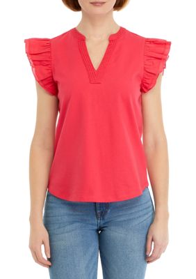 Crown & Ivy Women's V-Neck Flutter Sleeve Knit Top, Coral, Small -  0889648887804