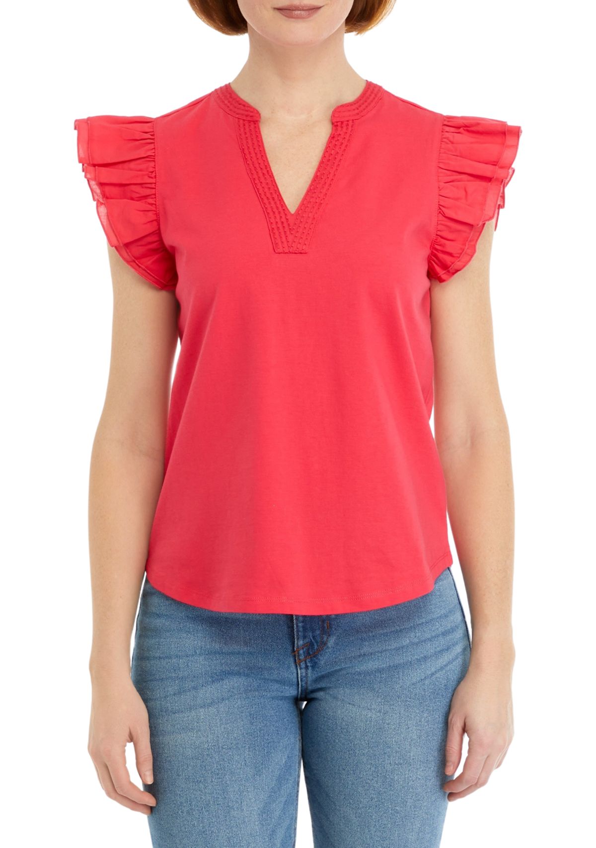 Womens V-Neck Flutter Sleeve Knit Top
