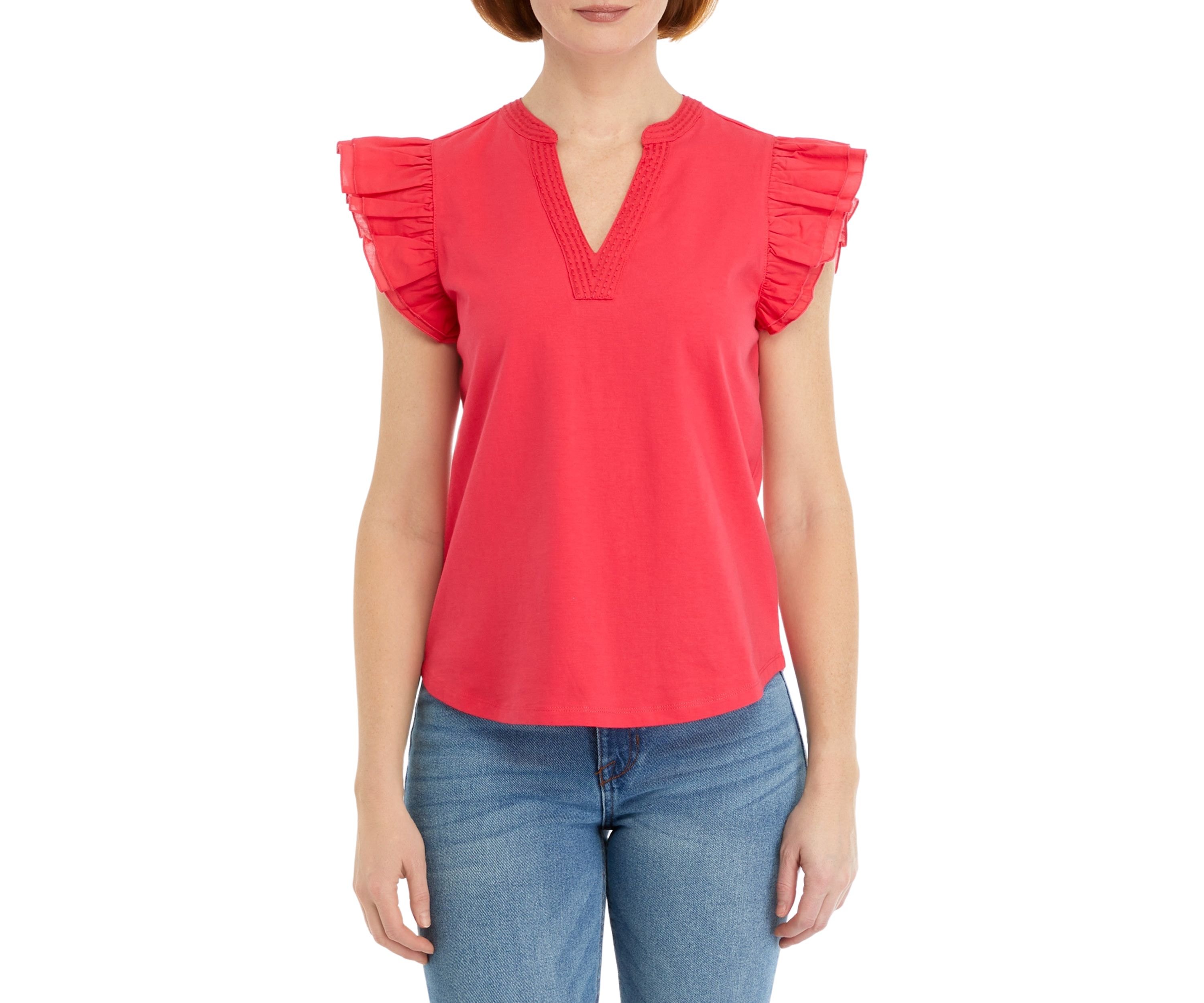 Womens V-Neck Flutter Sleeve Knit Top