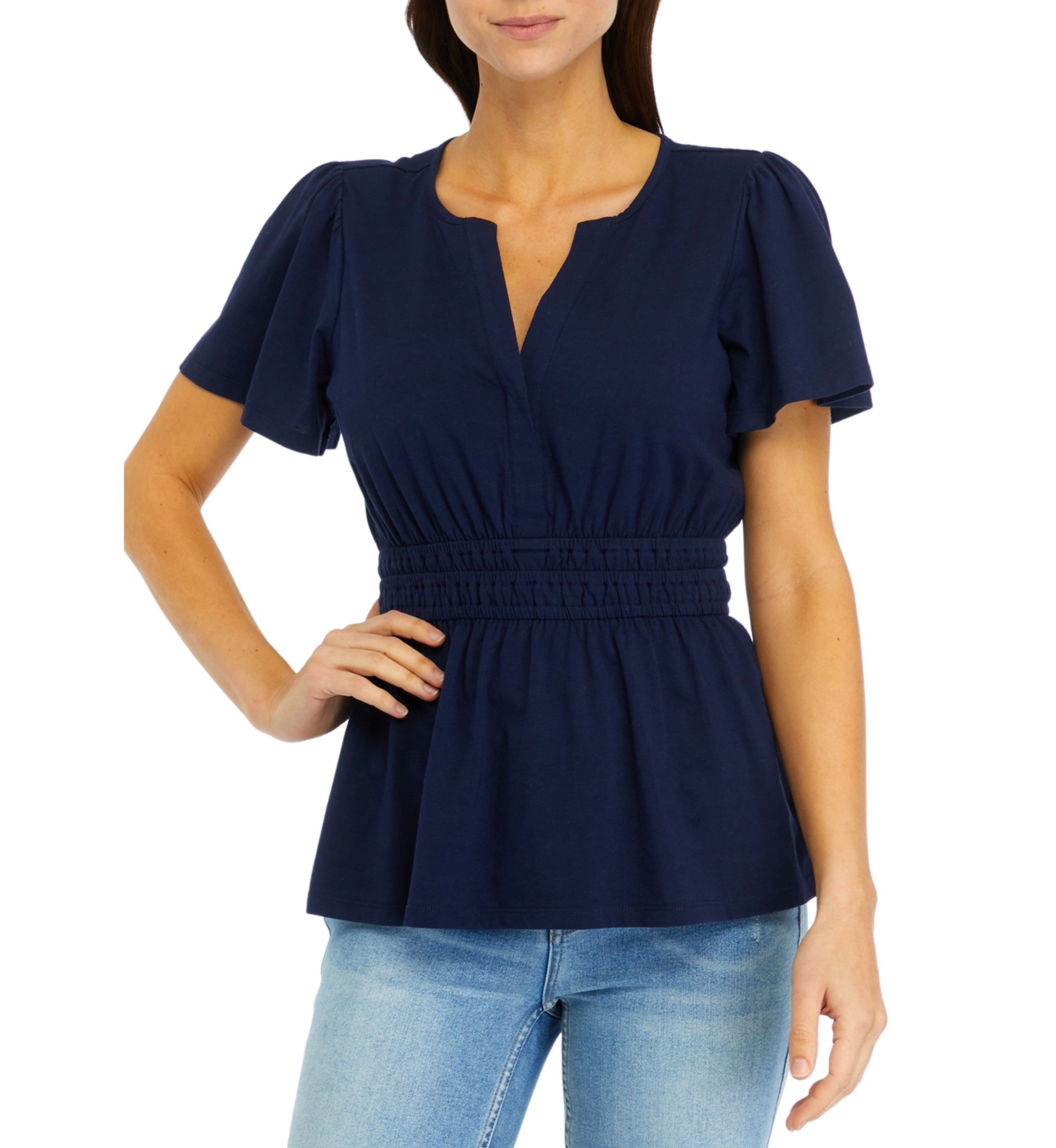 Womens Smocked Split Neck Top