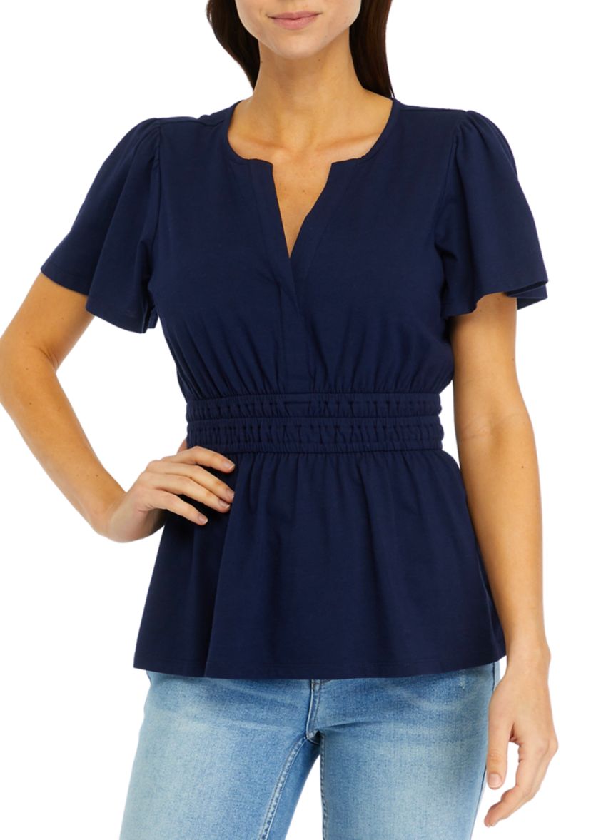 Womens Smocked Split Neck Top
