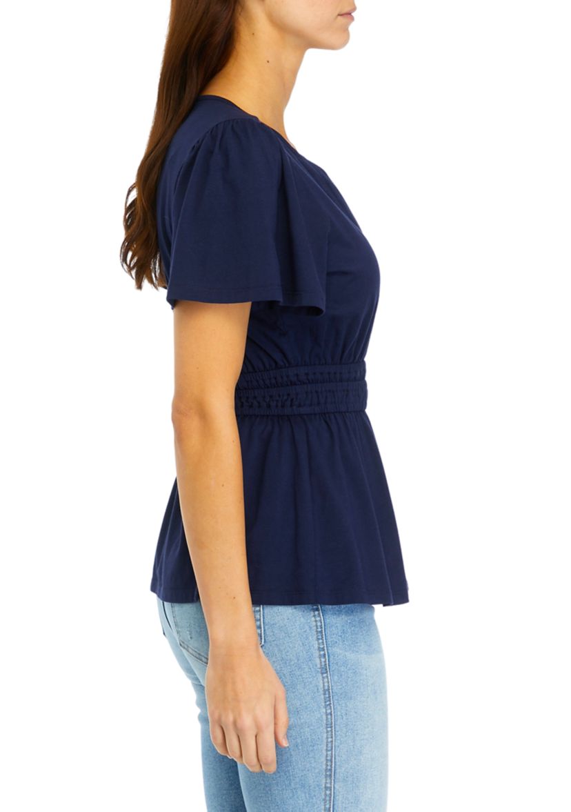 Womens Smocked Split Neck Top