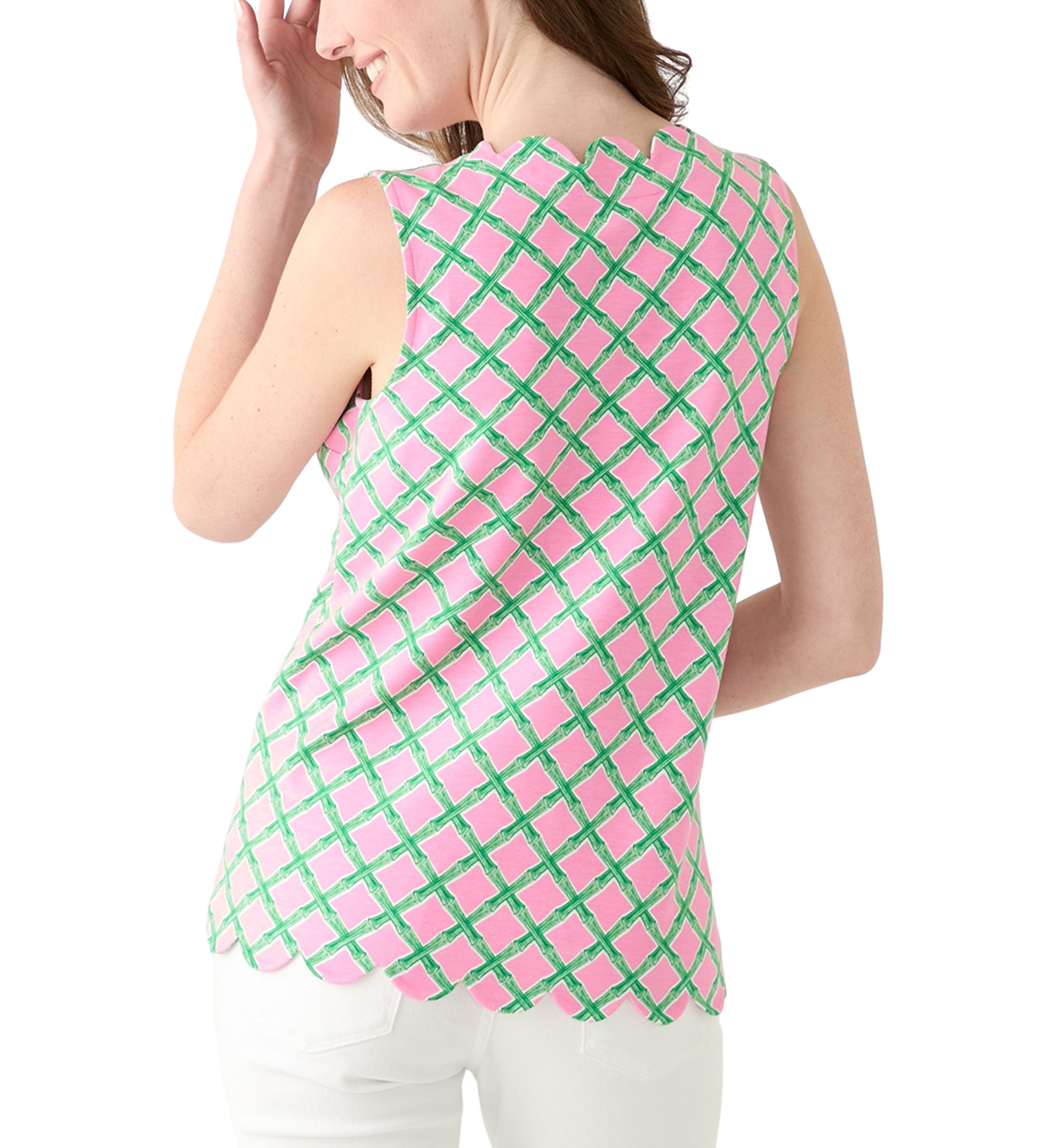 Womens Sleeveless Split Neck Scallop Hem Printed Blouse