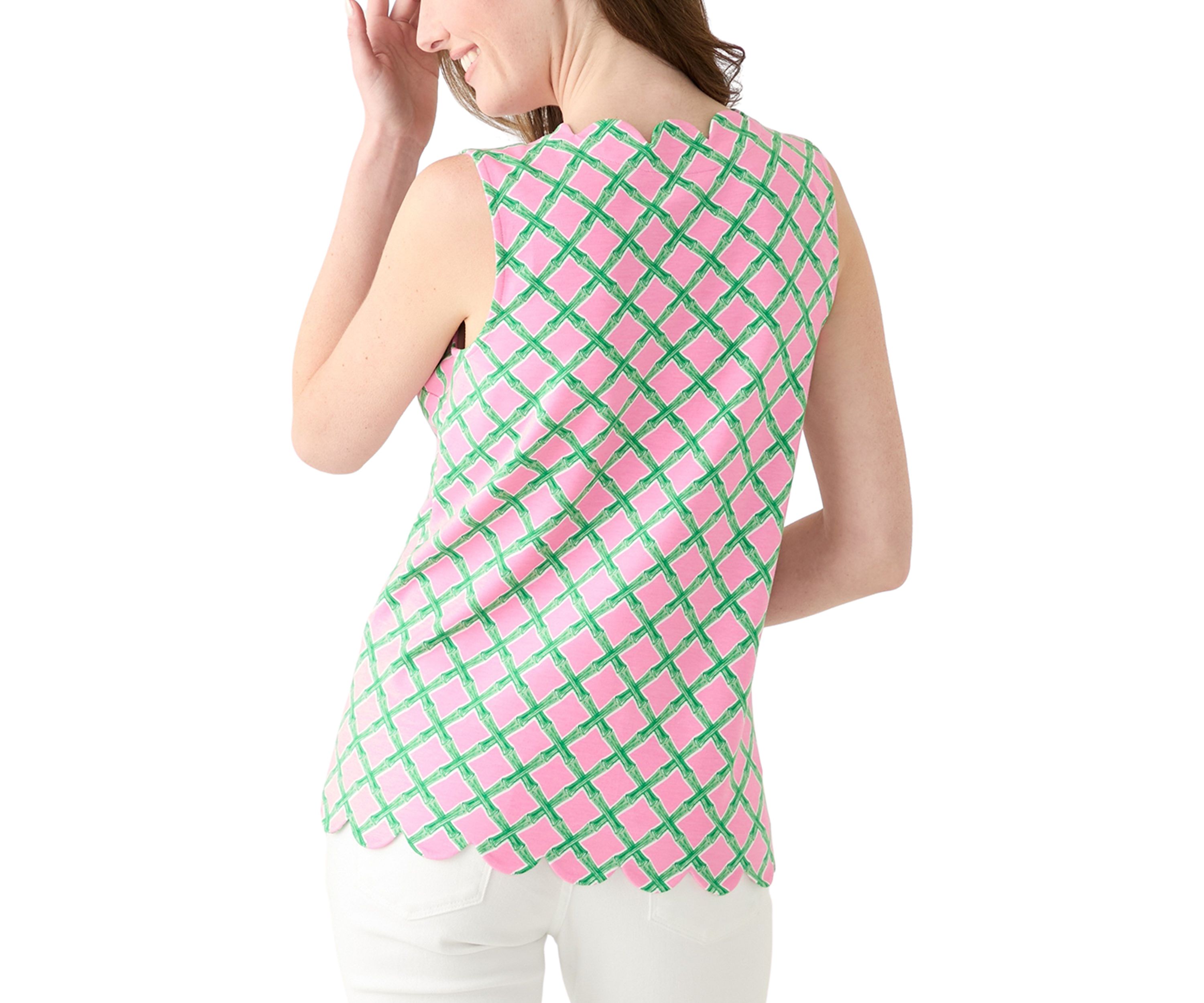 Womens Sleeveless Split Neck Scallop Hem Printed Blouse