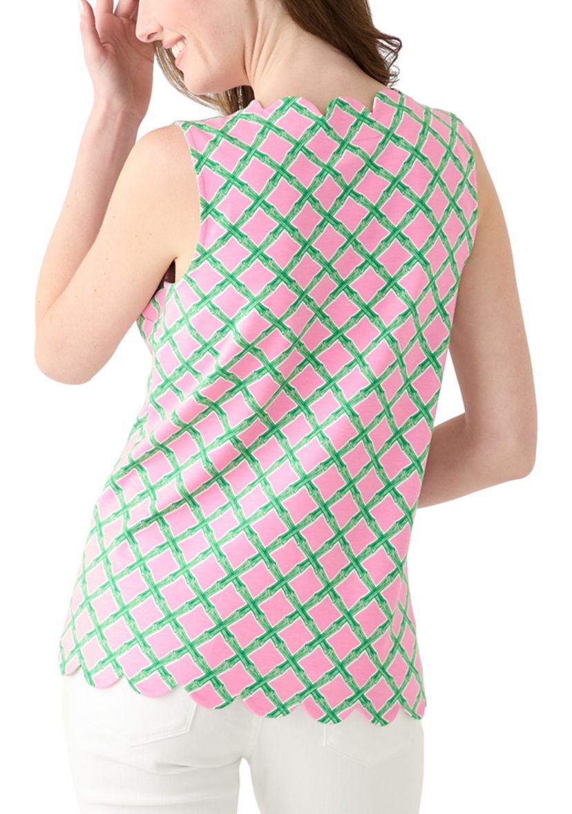 Womens Sleeveless Split Neck Scallop Hem Printed Blouse