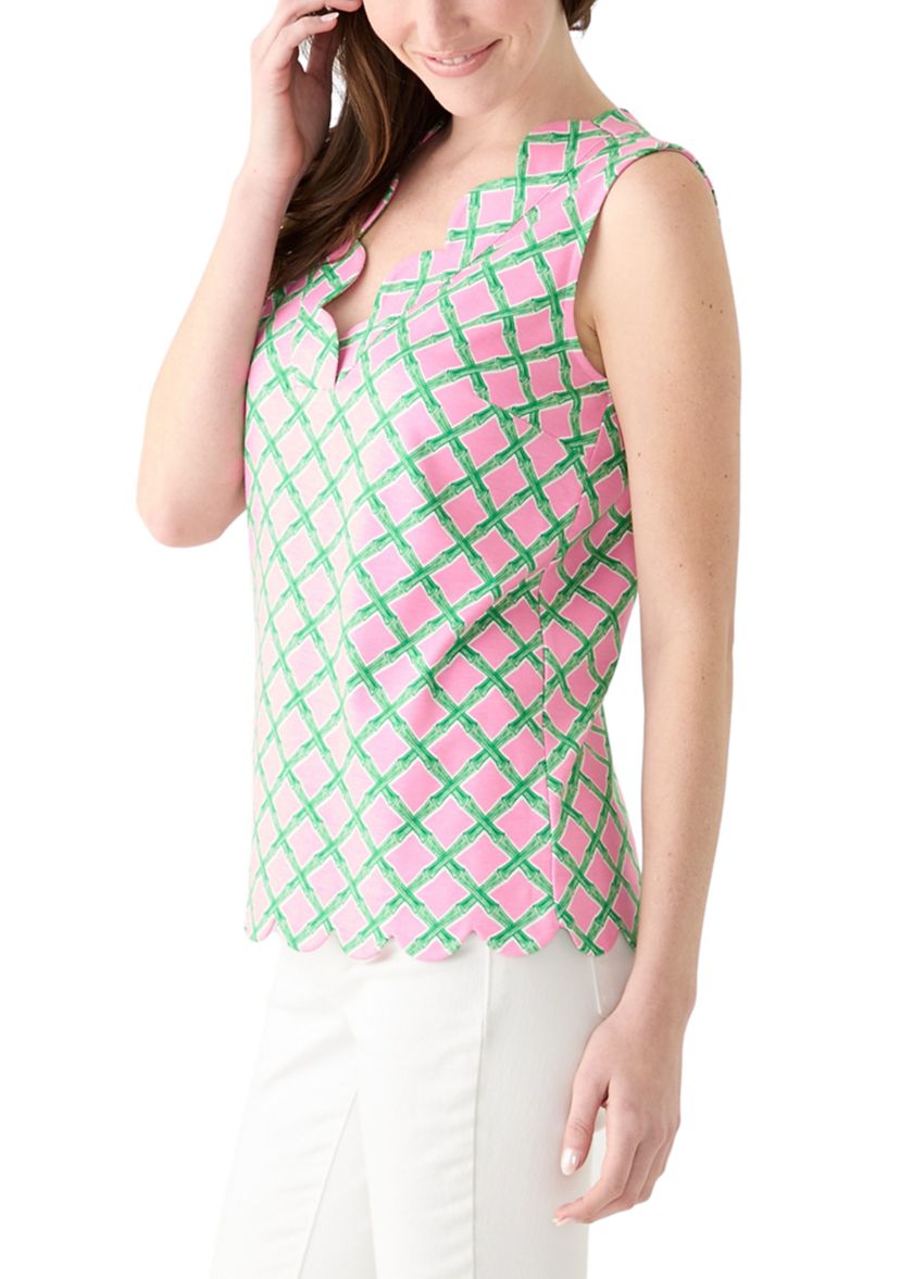 Womens Sleeveless Split Neck Scallop Hem Printed Blouse