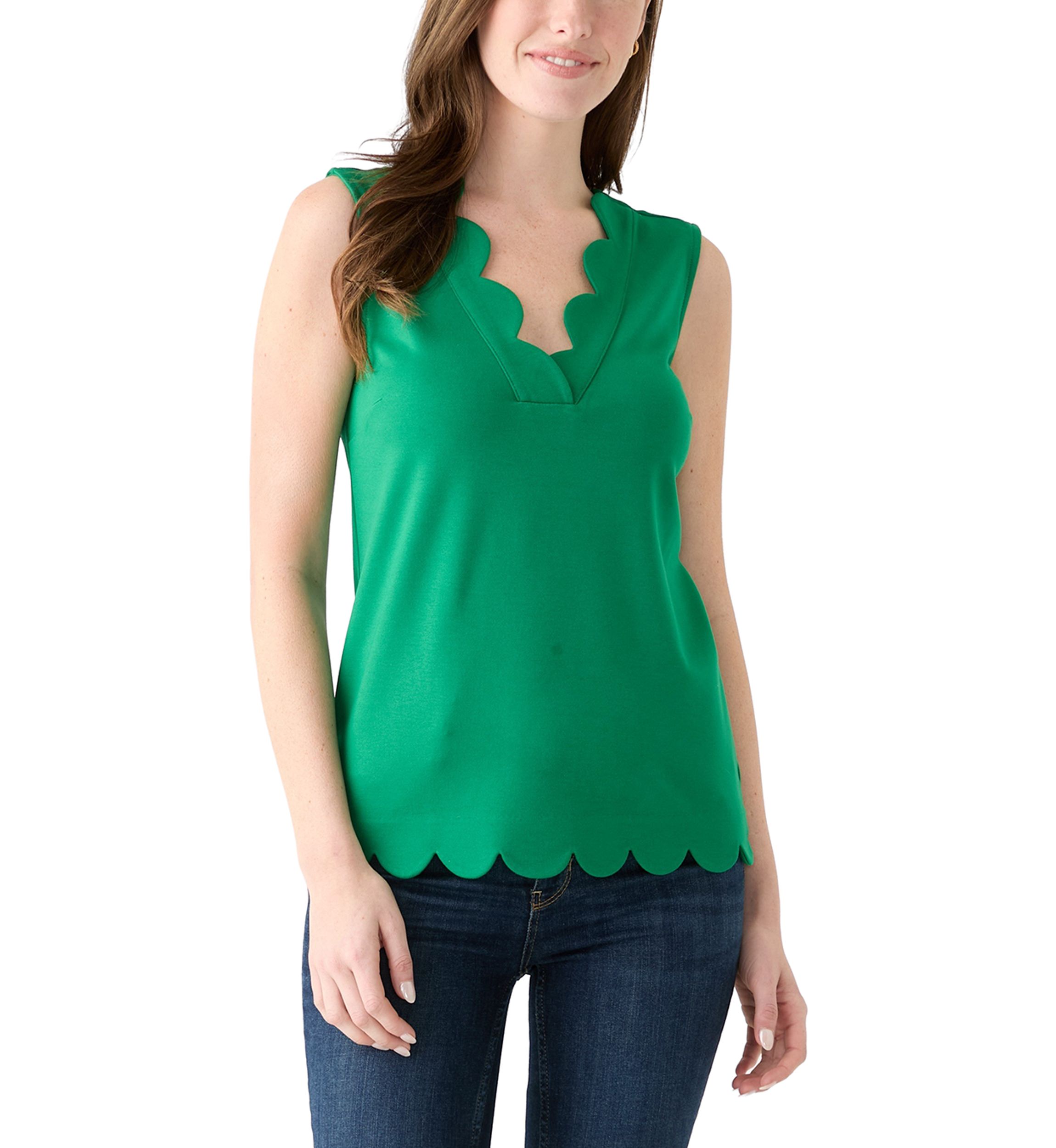 Womens Sleeveless Split Neck Scallop Hem Solid Blouse