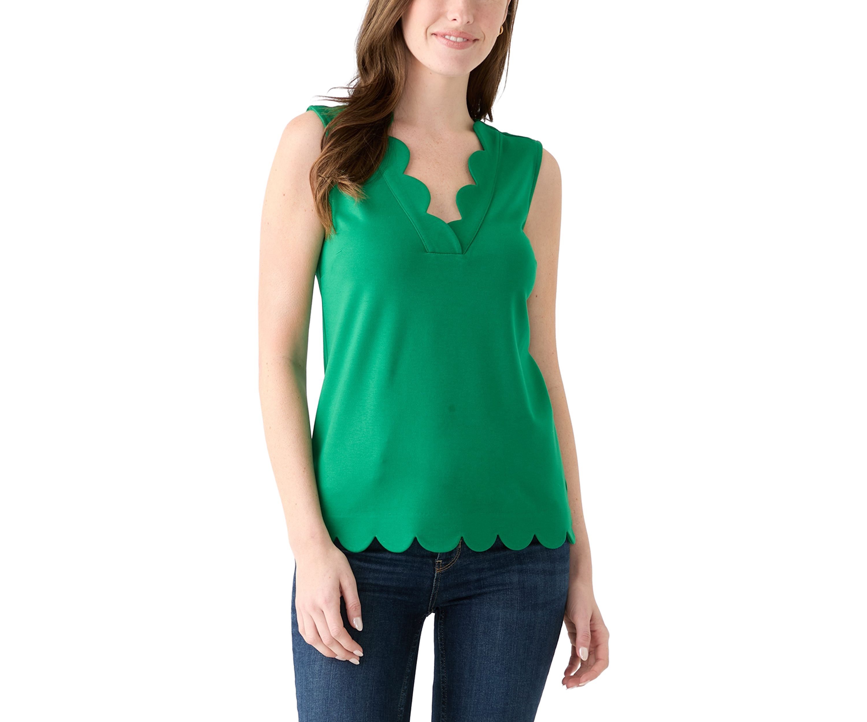 Womens Sleeveless Split Neck Scallop Hem Solid Blouse