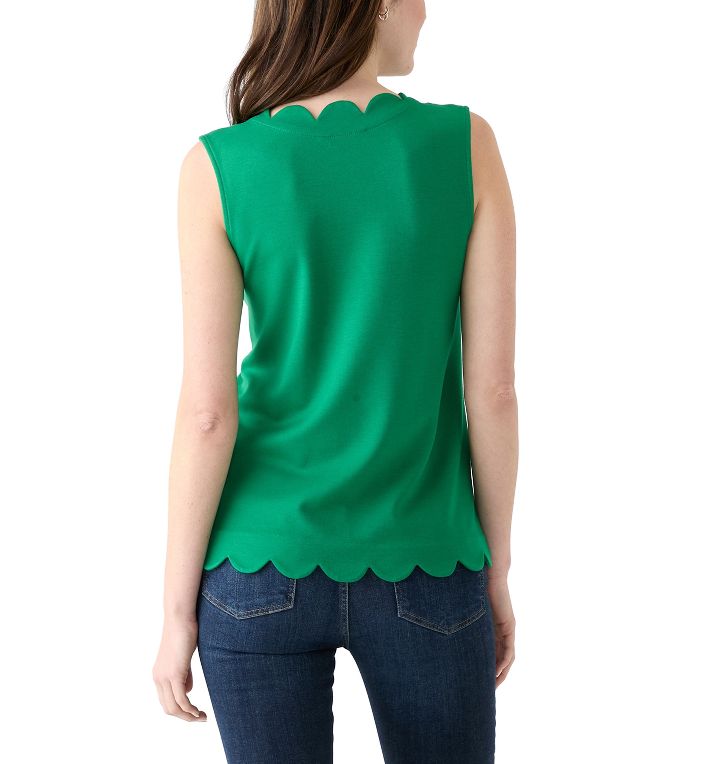 Womens Sleeveless Split Neck Scallop Hem Solid Blouse