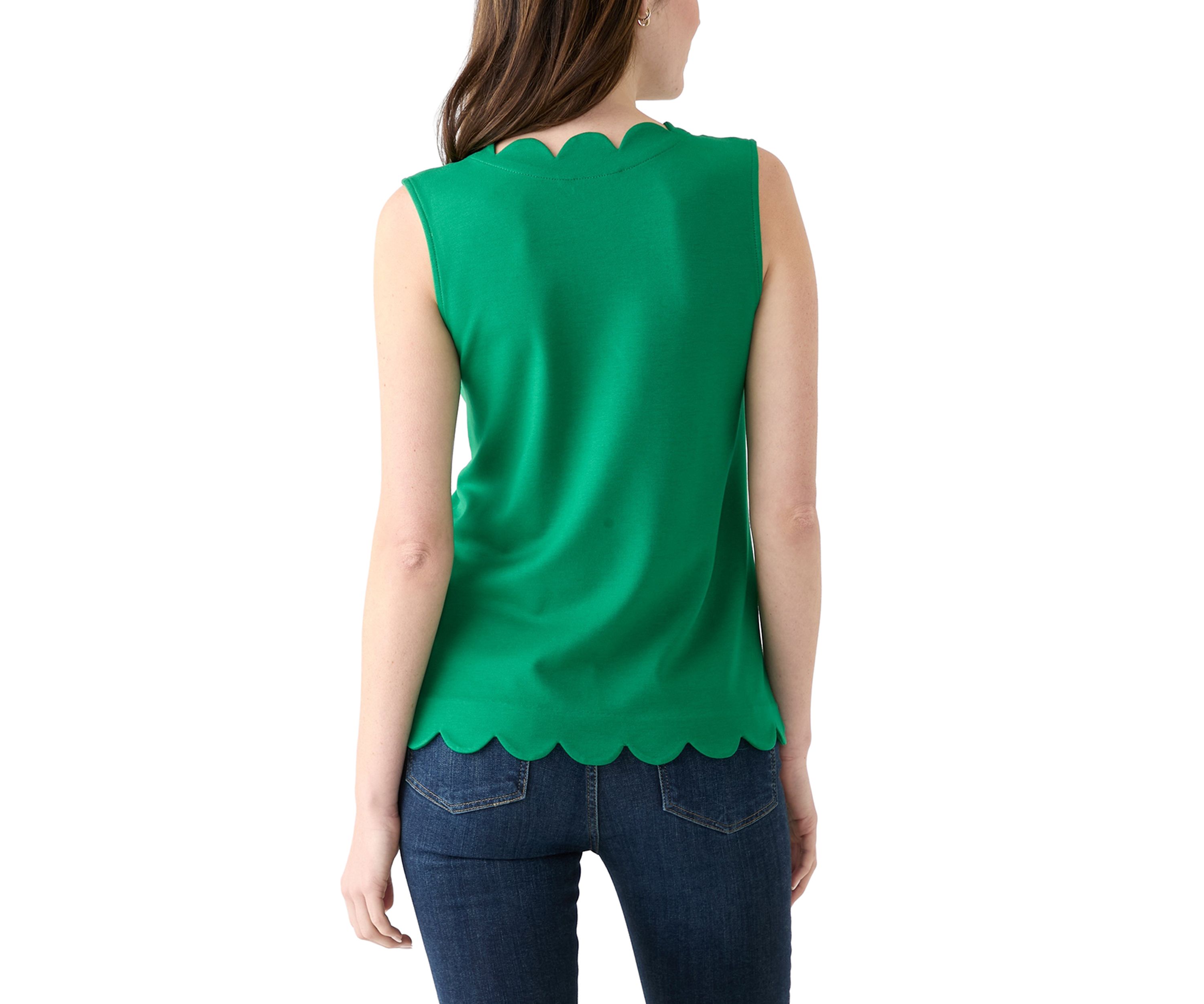 Womens Sleeveless Split Neck Scallop Hem Solid Blouse