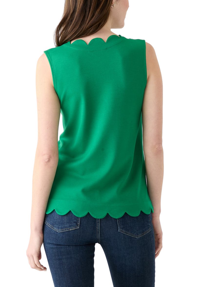 Womens Sleeveless Split Neck Scallop Hem Solid Blouse