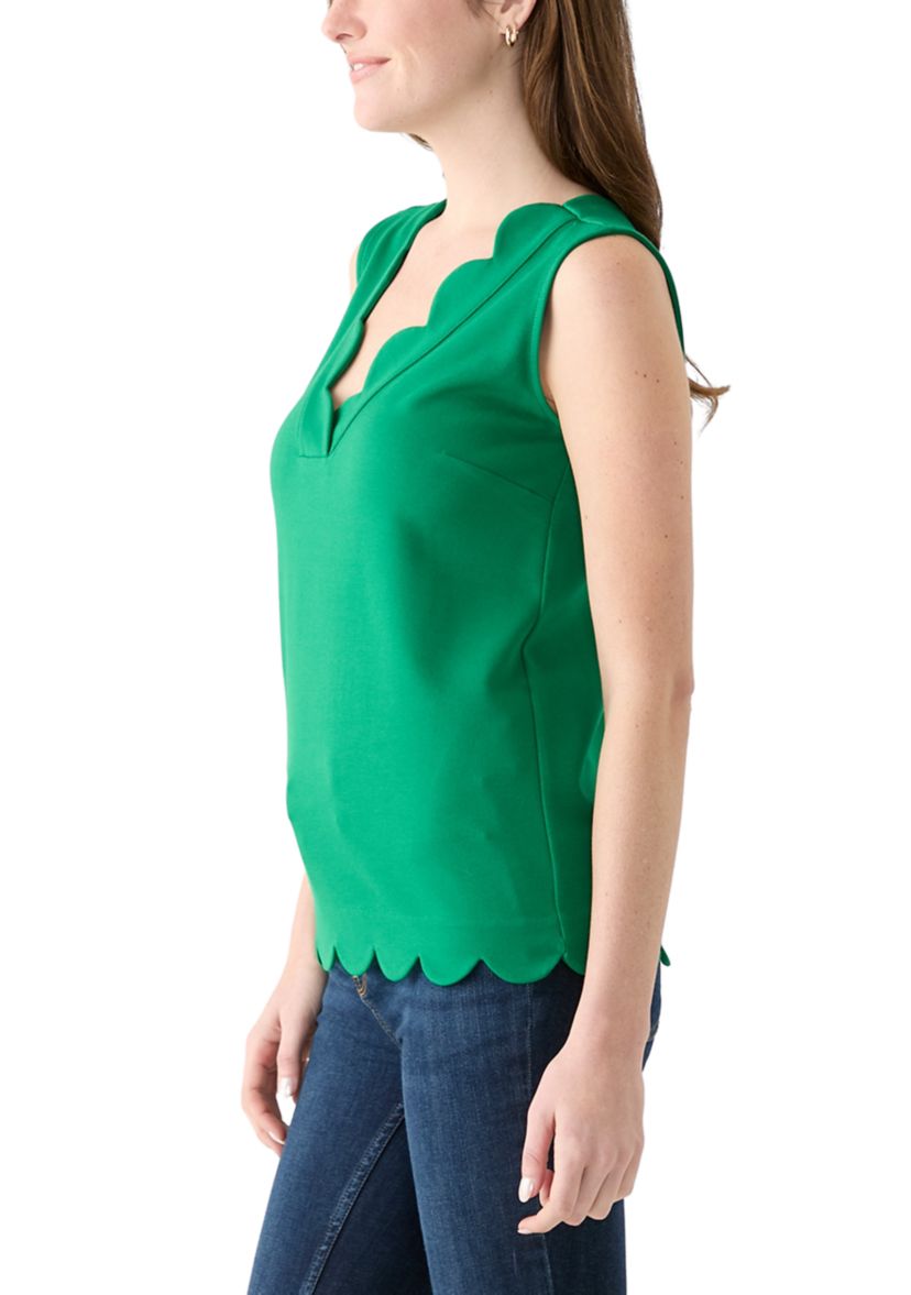Womens Sleeveless Split Neck Scallop Hem Solid Blouse