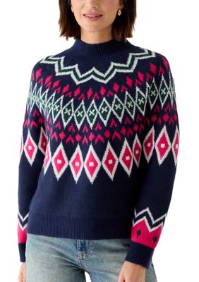 Crown & Ivy Women's Fair Isle Sweater, Navy Blue, Medium