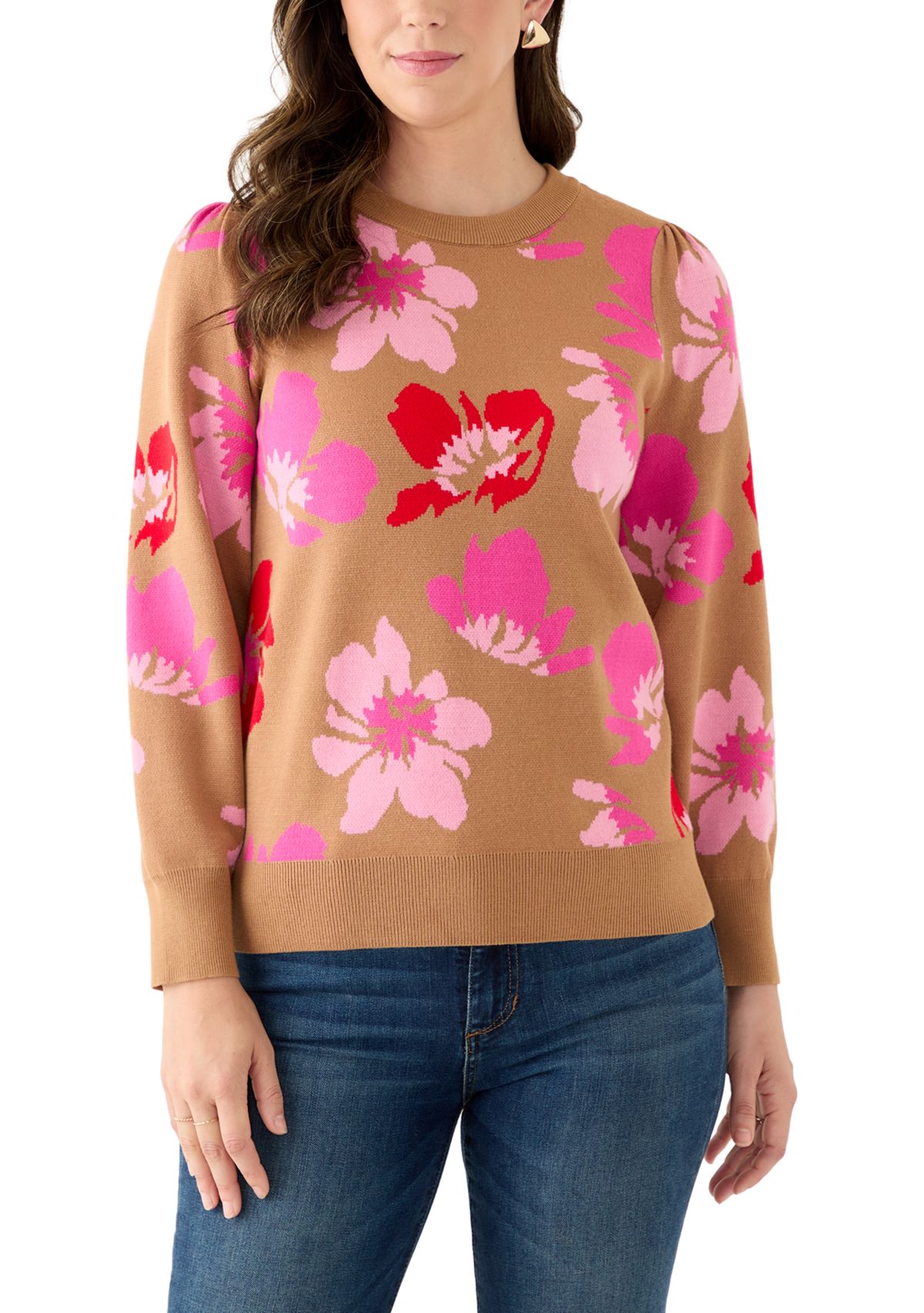 Womens Puff Sleeve Intarsia Knit Tunic Sweater