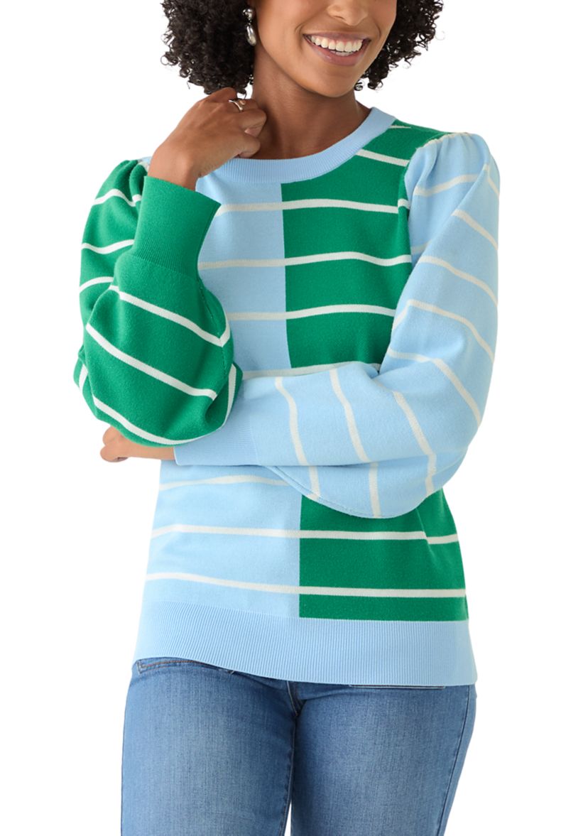 Womens Puff Sleeve Intarsia Knit Tunic Sweater