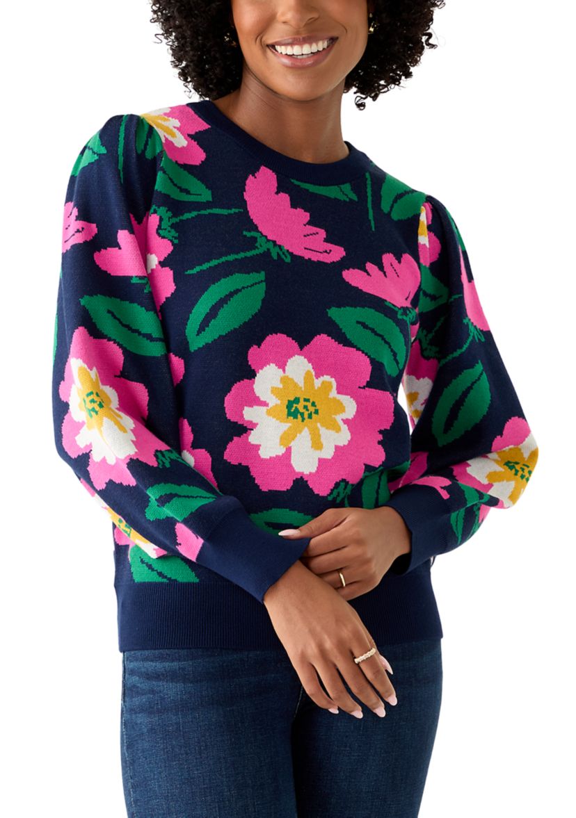 Womens Puff Sleeve Intarsia Knit Tunic Sweater