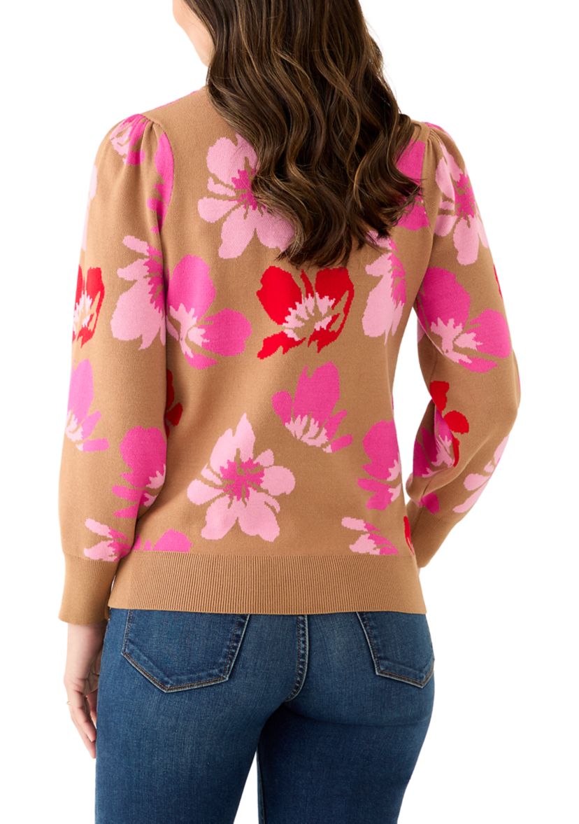 Womens Puff Sleeve Intarsia Knit Tunic Sweater