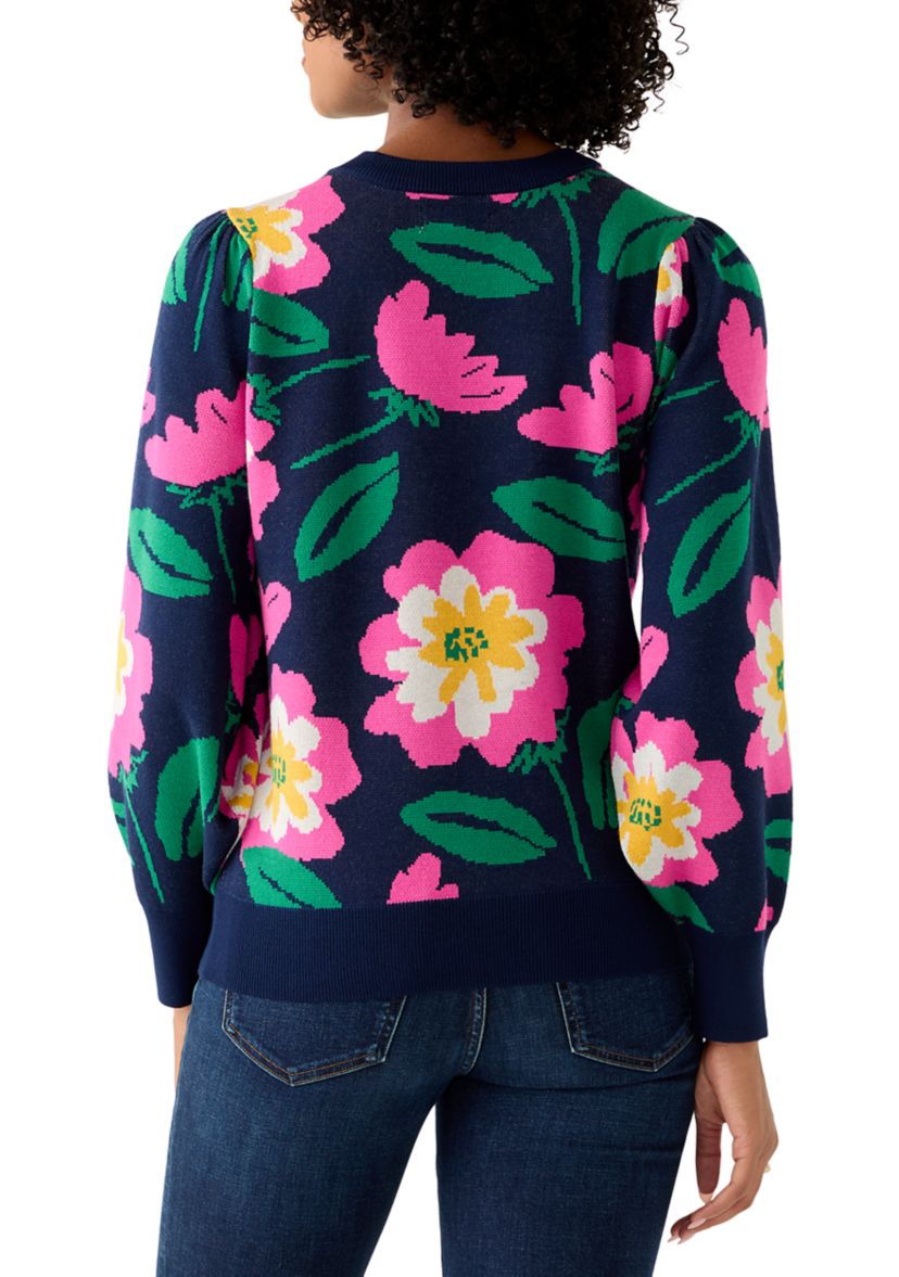 Womens Puff Sleeve Intarsia Knit Tunic Sweater