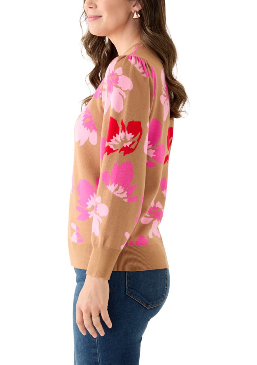 Womens Puff Sleeve Intarsia Knit Tunic Sweater