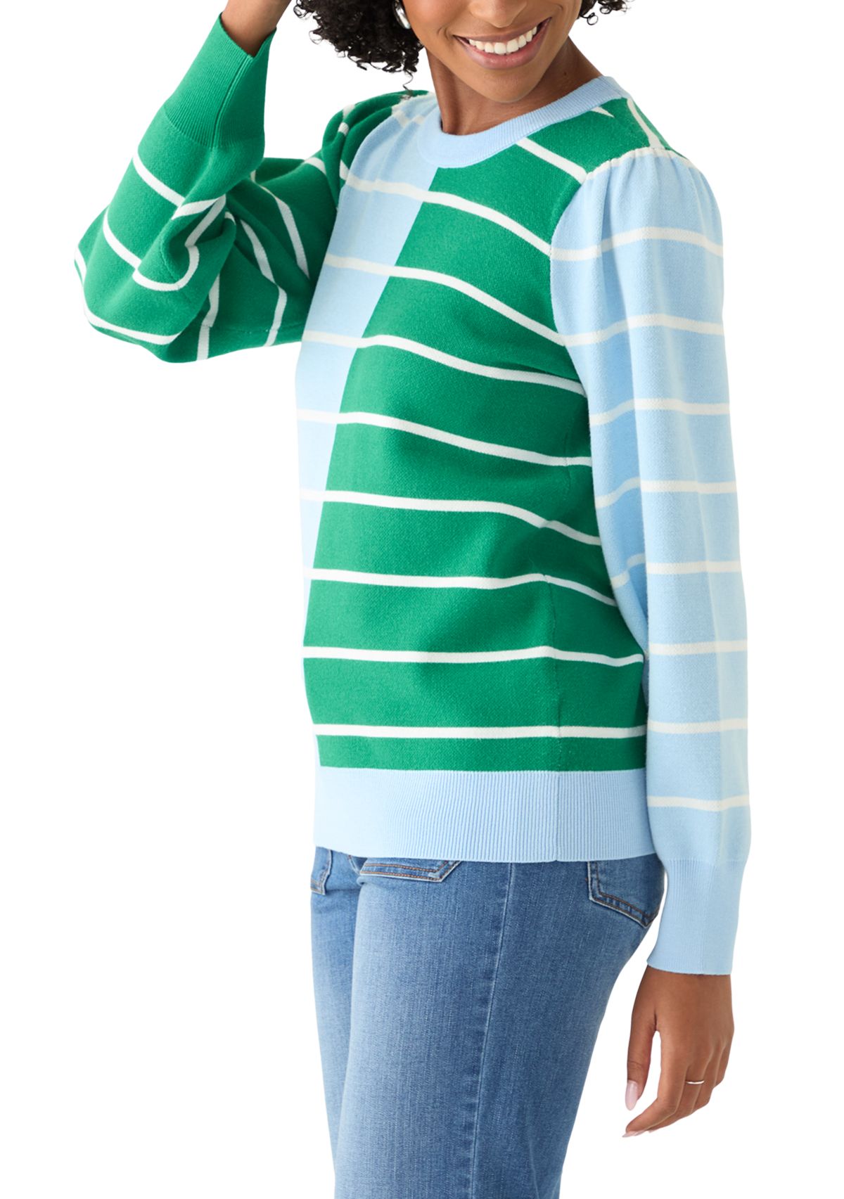 Womens Puff Sleeve Intarsia Knit Tunic Sweater