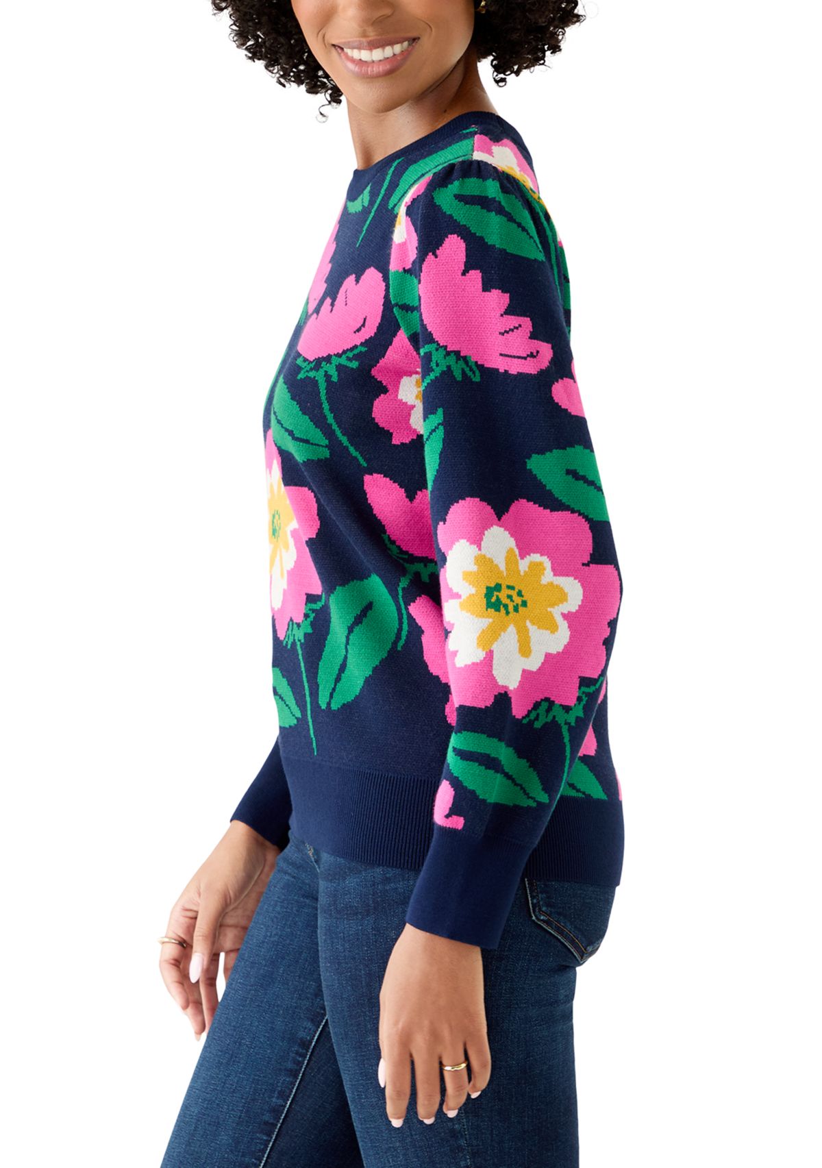 Womens Puff Sleeve Intarsia Knit Tunic Sweater