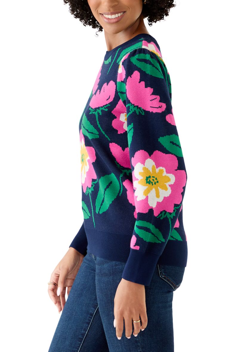 Womens Puff Sleeve Intarsia Knit Tunic Sweater