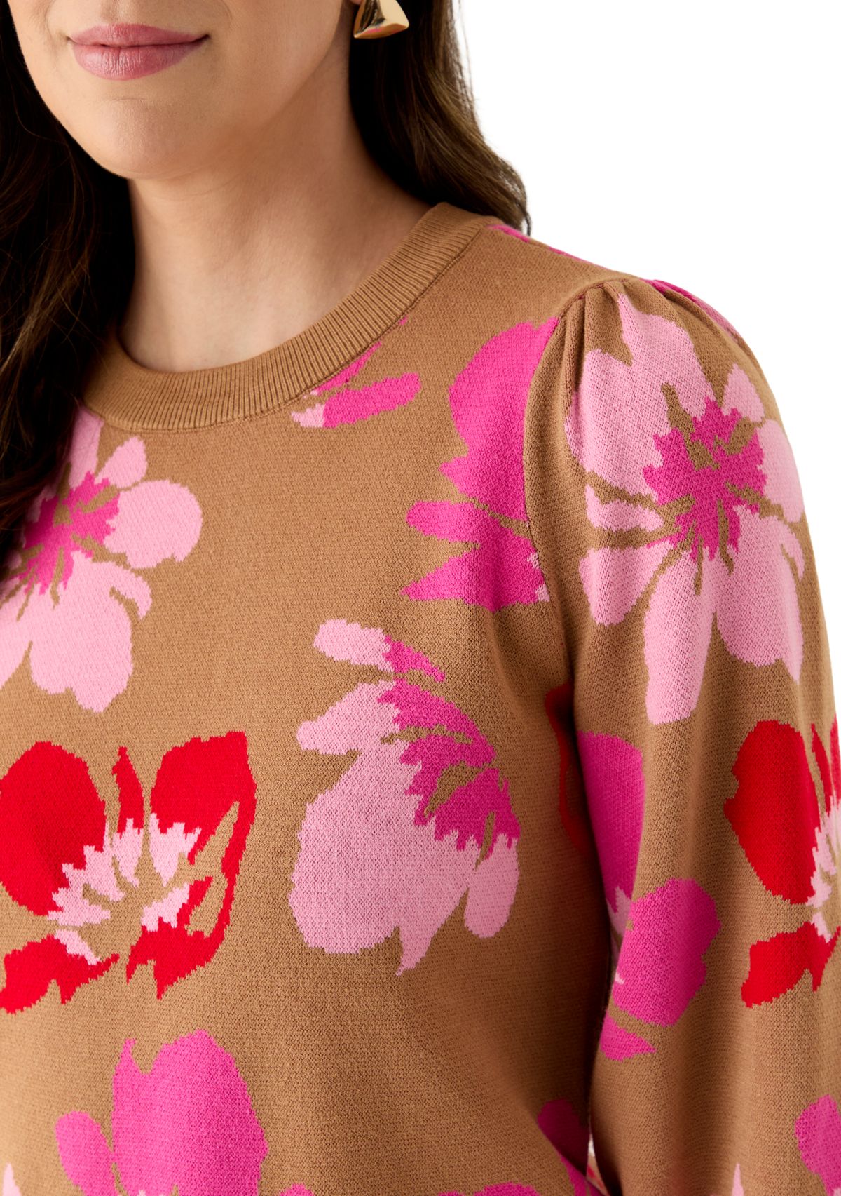 Womens Puff Sleeve Intarsia Knit Tunic Sweater