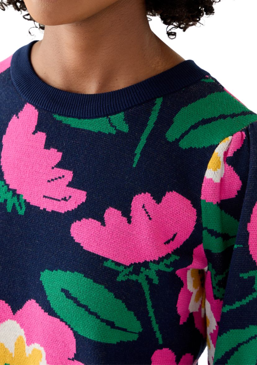 Womens Puff Sleeve Intarsia Knit Tunic Sweater
