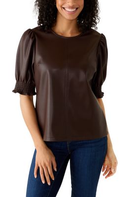 Crown & Ivy Women's Faux Leather Puff Sleeve Top, XXL