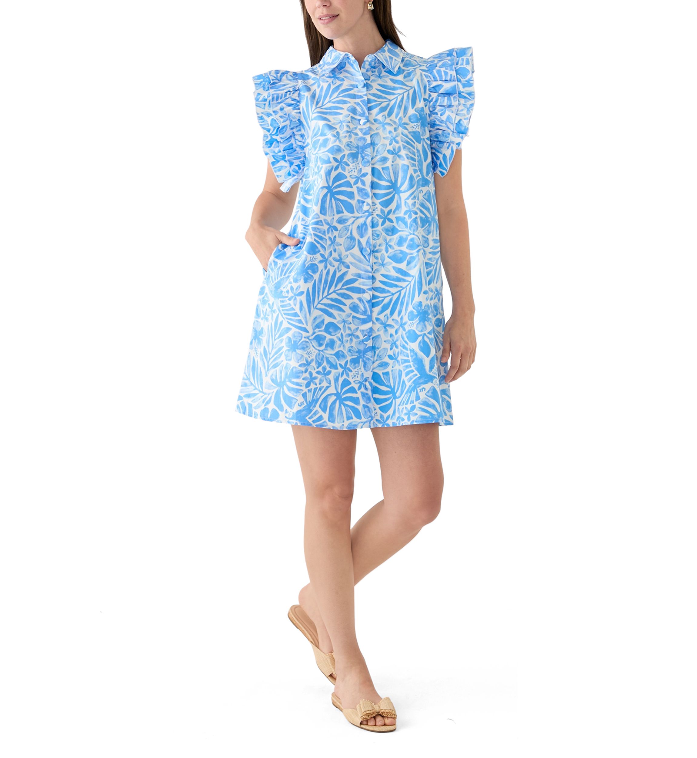 Womens Ruffle Sleeve Poplin Shirt Dress
