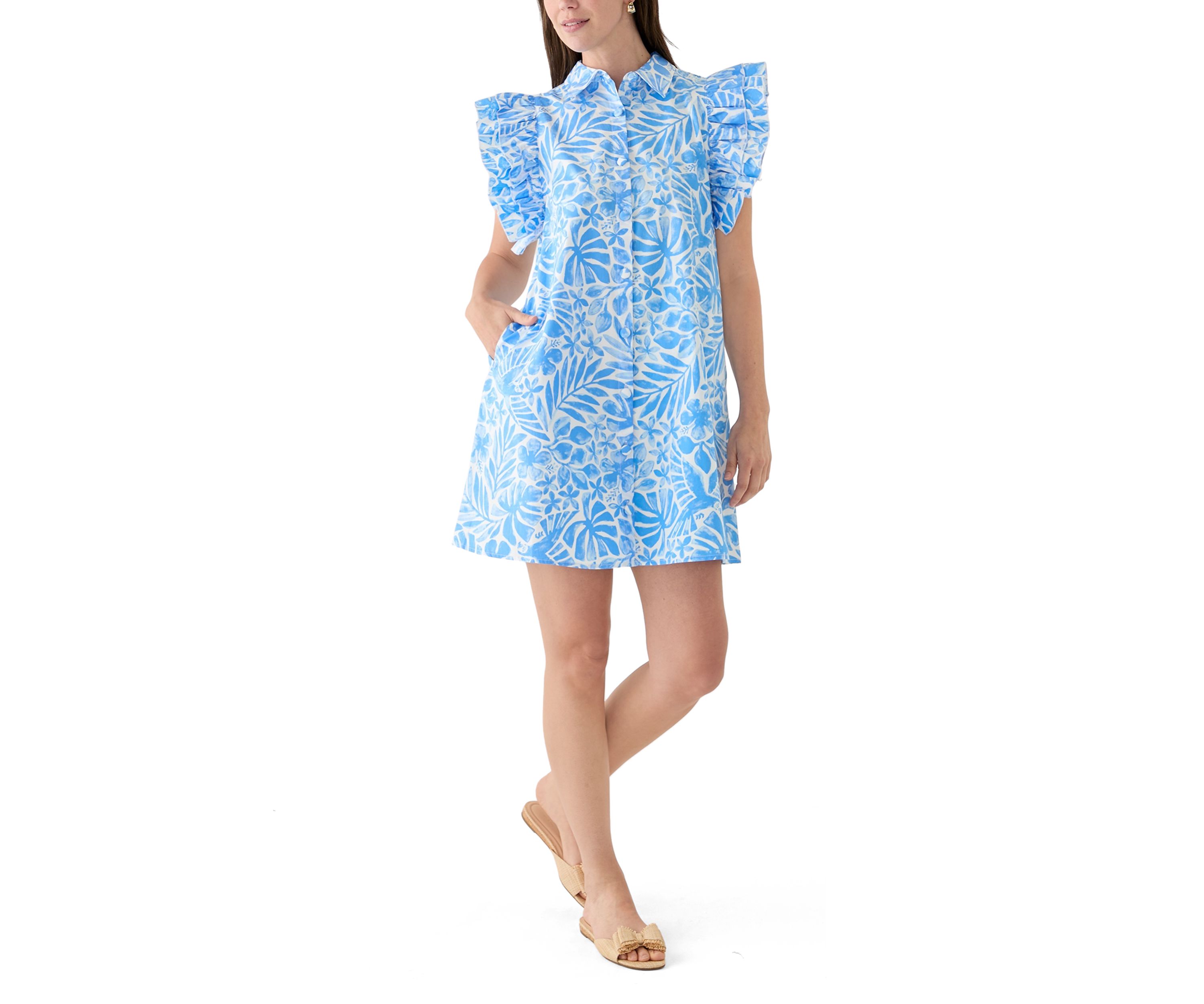 Womens Ruffle Sleeve Poplin Shirt Dress