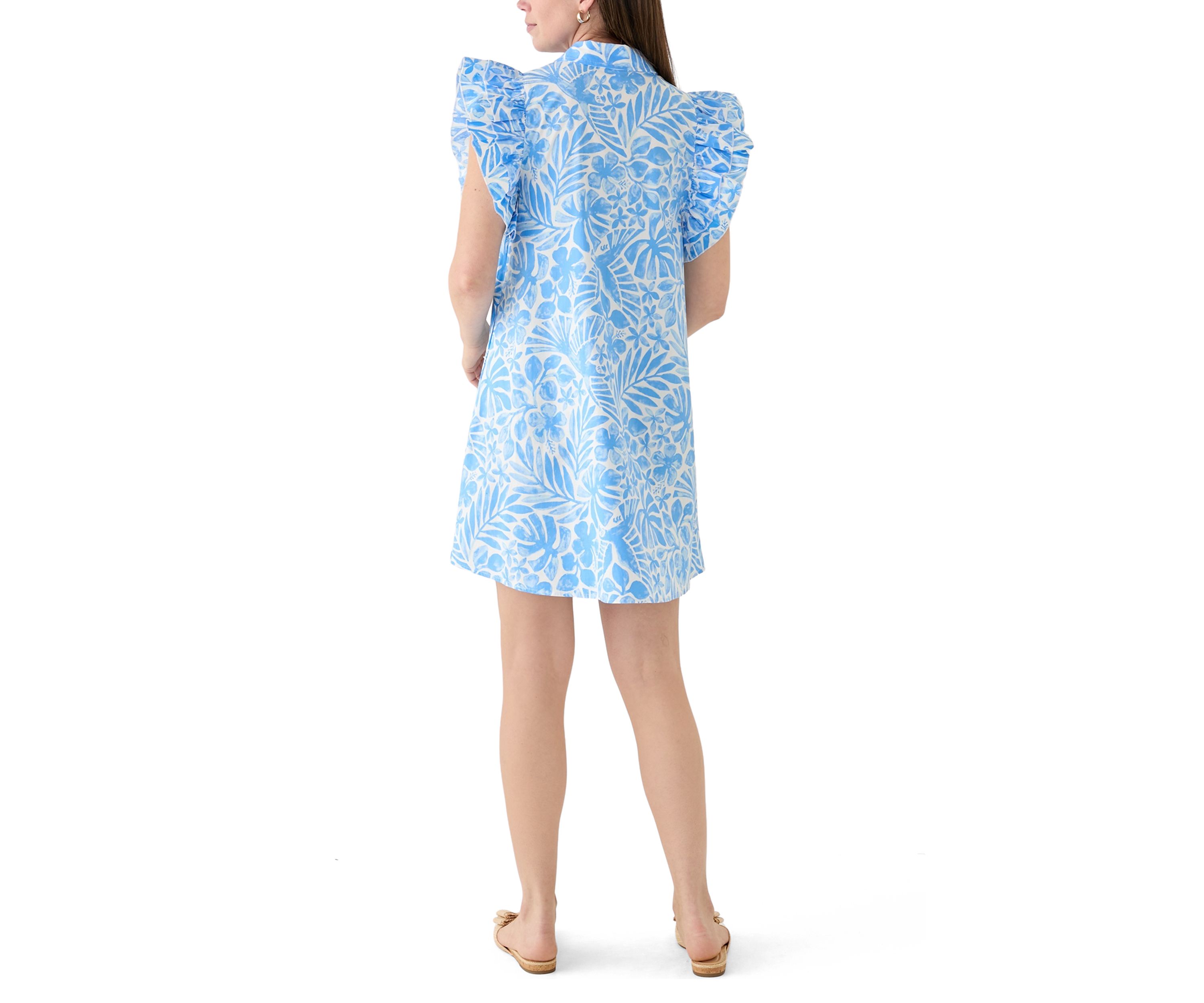 Womens Ruffle Sleeve Poplin Shirt Dress