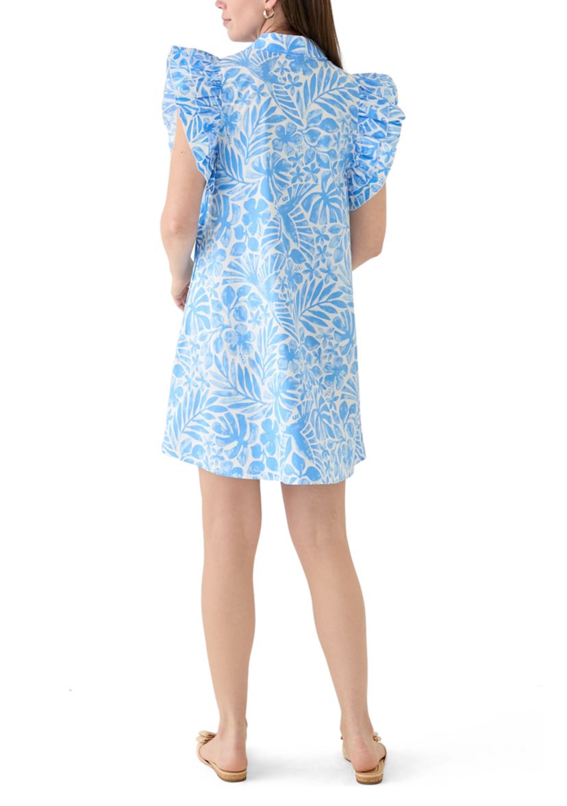 Womens Ruffle Sleeve Poplin Shirt Dress