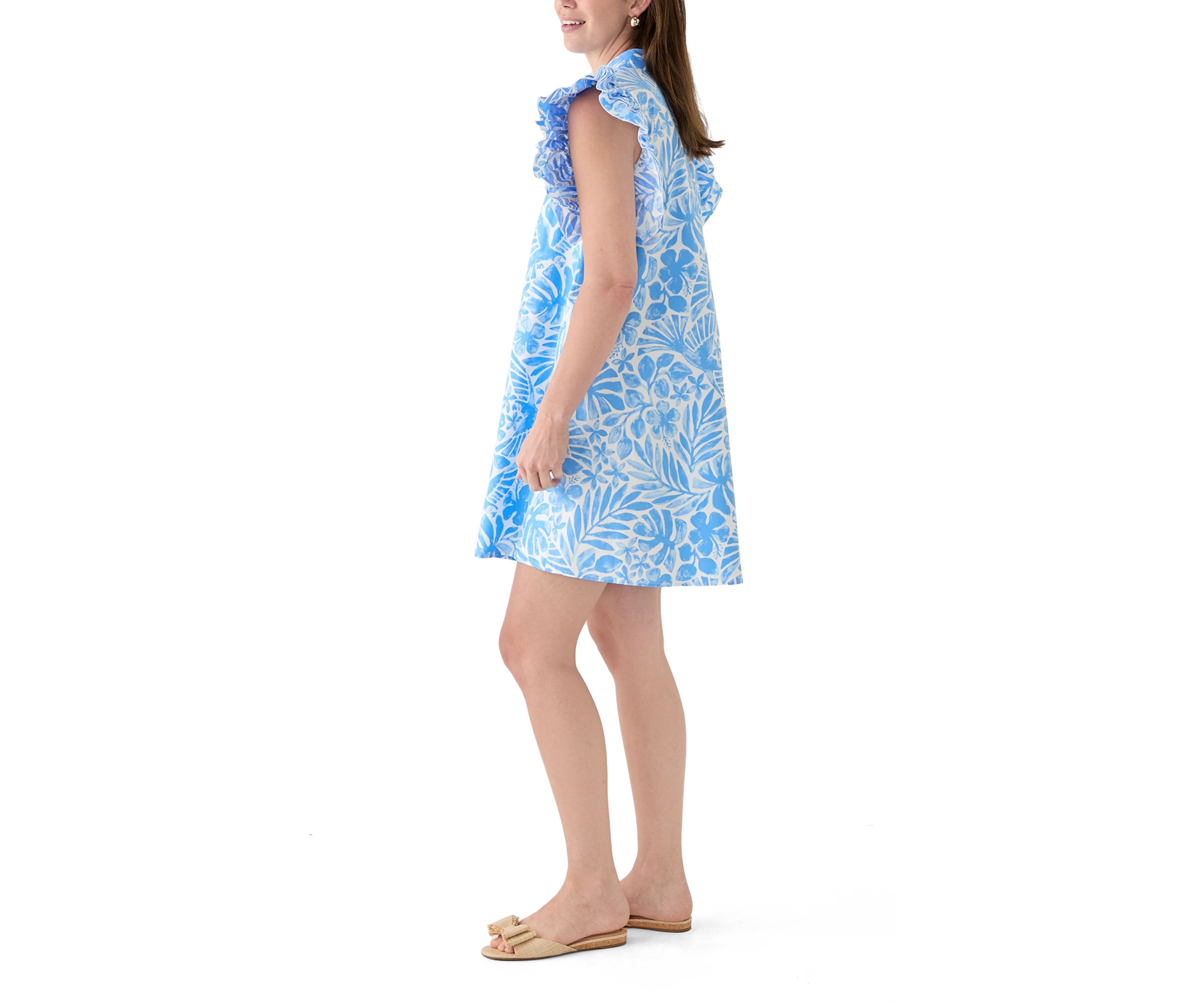 Womens Ruffle Sleeve Poplin Shirt Dress