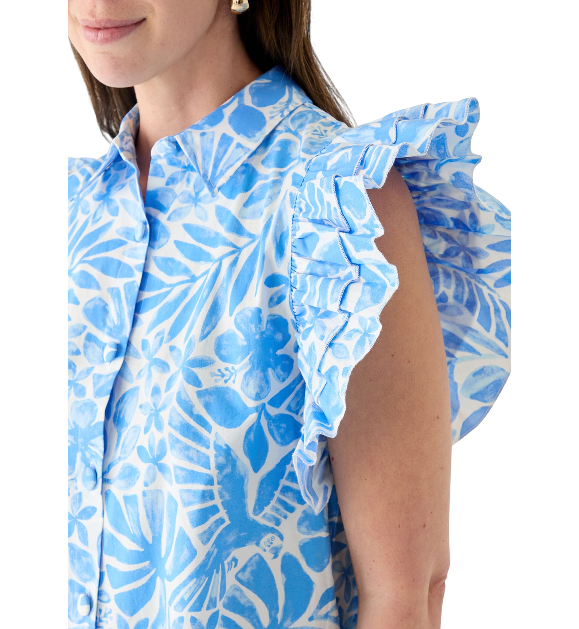 Womens Ruffle Sleeve Poplin Shirt Dress