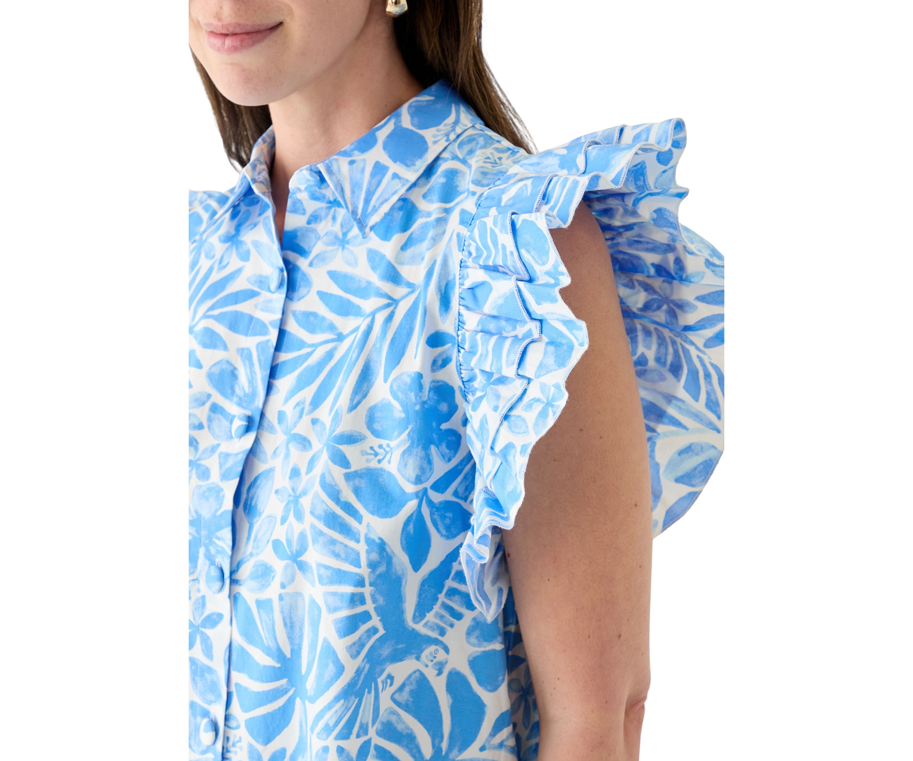 Womens Ruffle Sleeve Poplin Shirt Dress