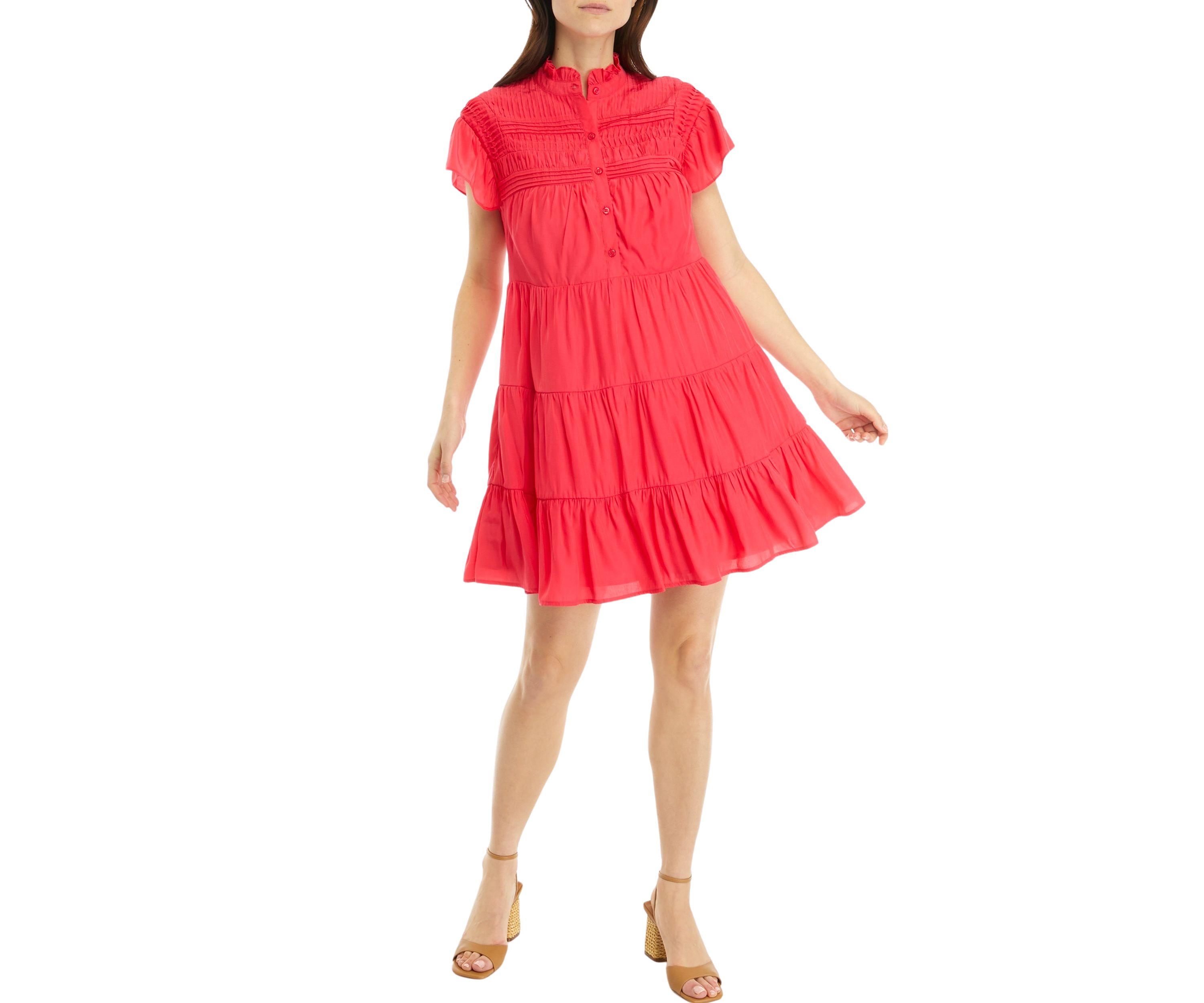 Womens Flutter Sleeve Pintuck Dress
